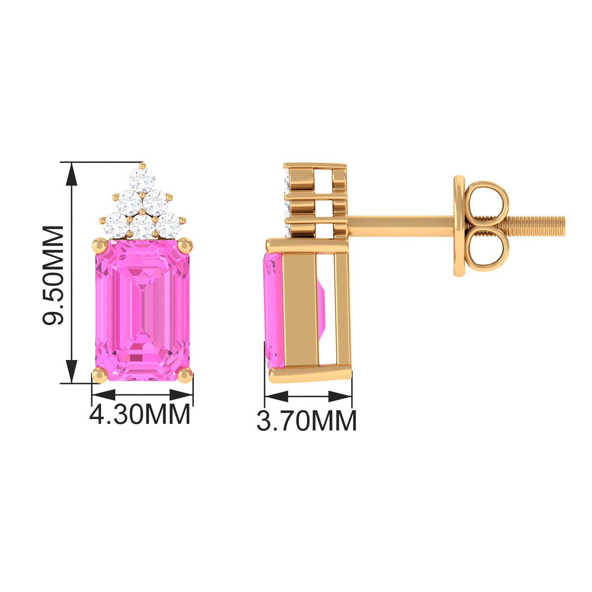 Emerald Cut Pink Sapphire Stud Earrings with Diamond Cluster Pink Sapphire - ( AAA ) - Quality - Rosec Jewels