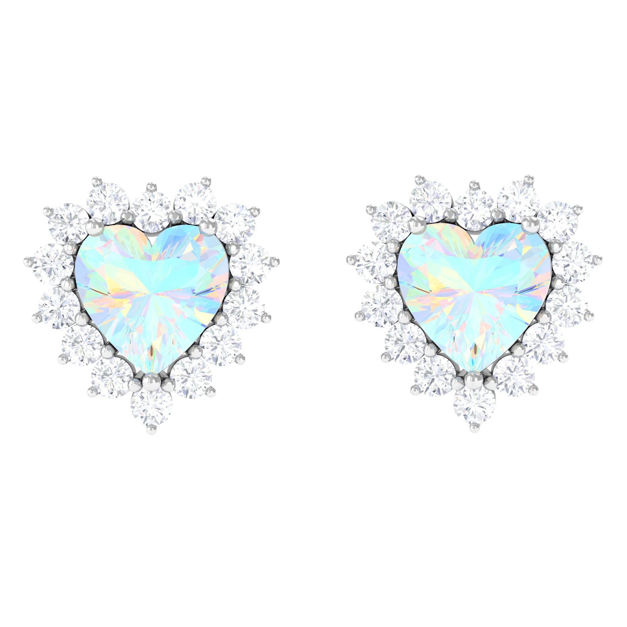 Heart Shape Ethiopian Opal Silver Stud Earrings with Moissanite Halo Ethiopian Opal - ( AAA ) - Quality 92.5 Sterling Silver - Rosec Jewels