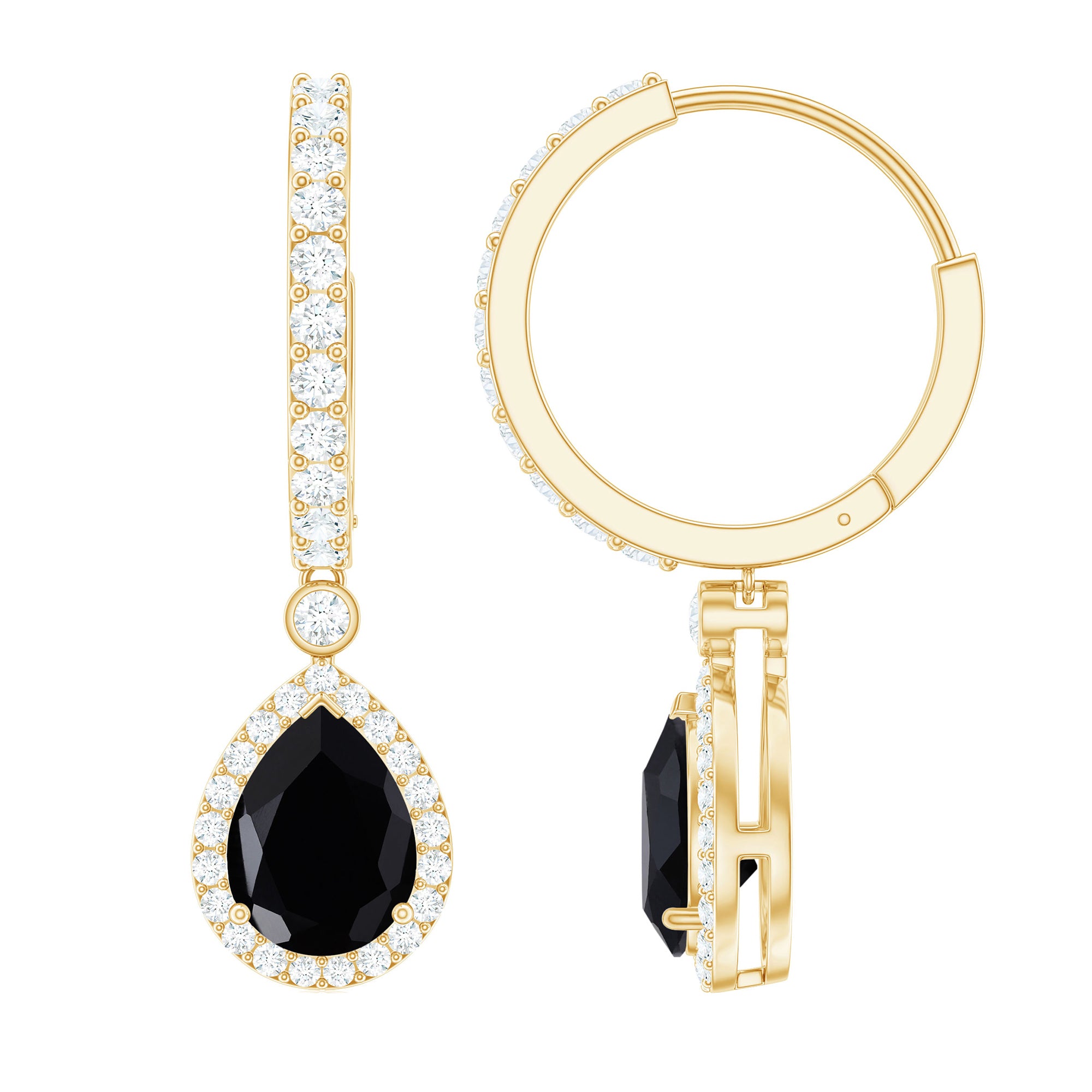 Pear Shape Black Onyx Hoop Drop Earrings with Moissanite Black Onyx - ( AAA ) - Quality - Rosec Jewels