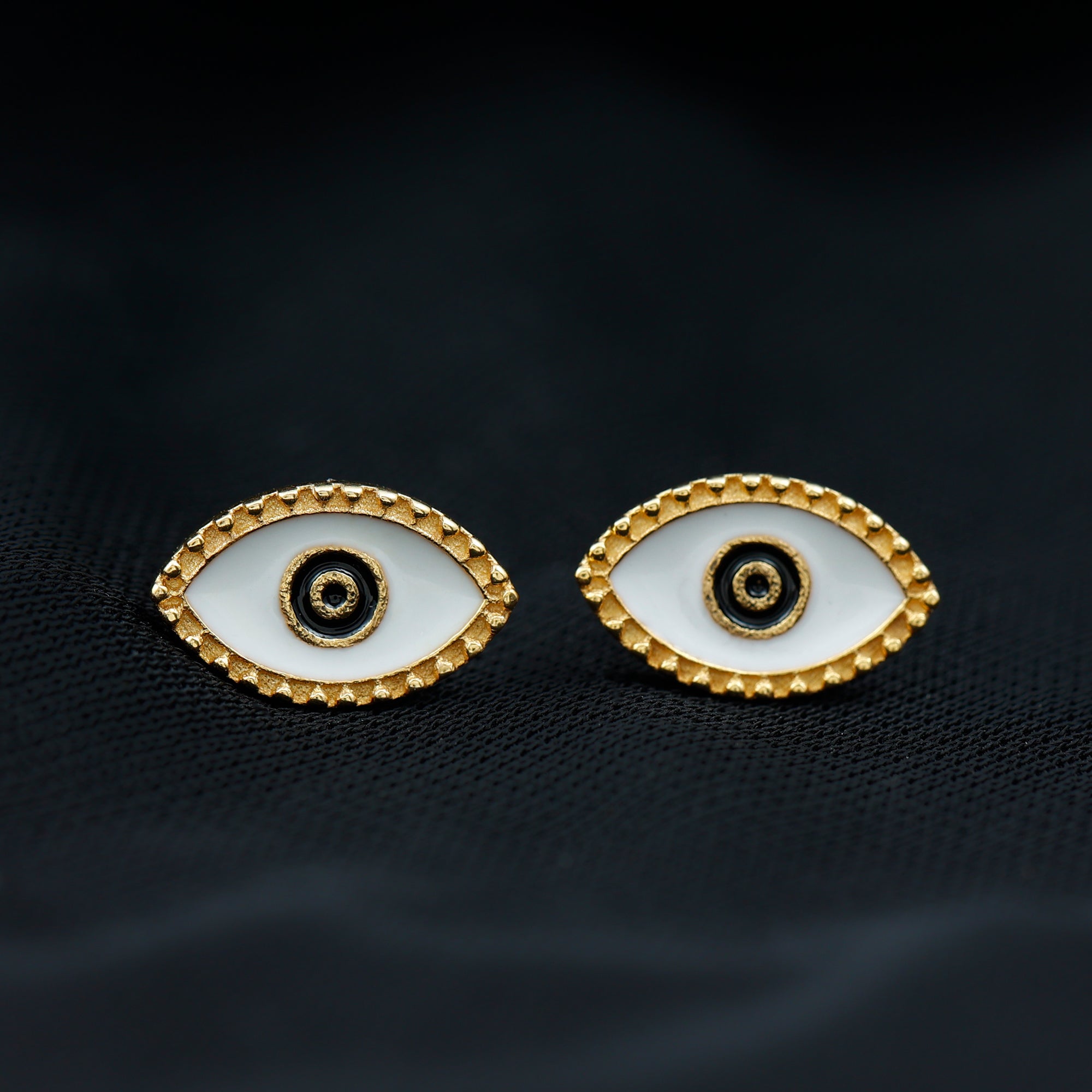 Enamel Evil Eye Gold Stud Earrings with Milgrains 18K Yellow Gold - Rosec Jewels