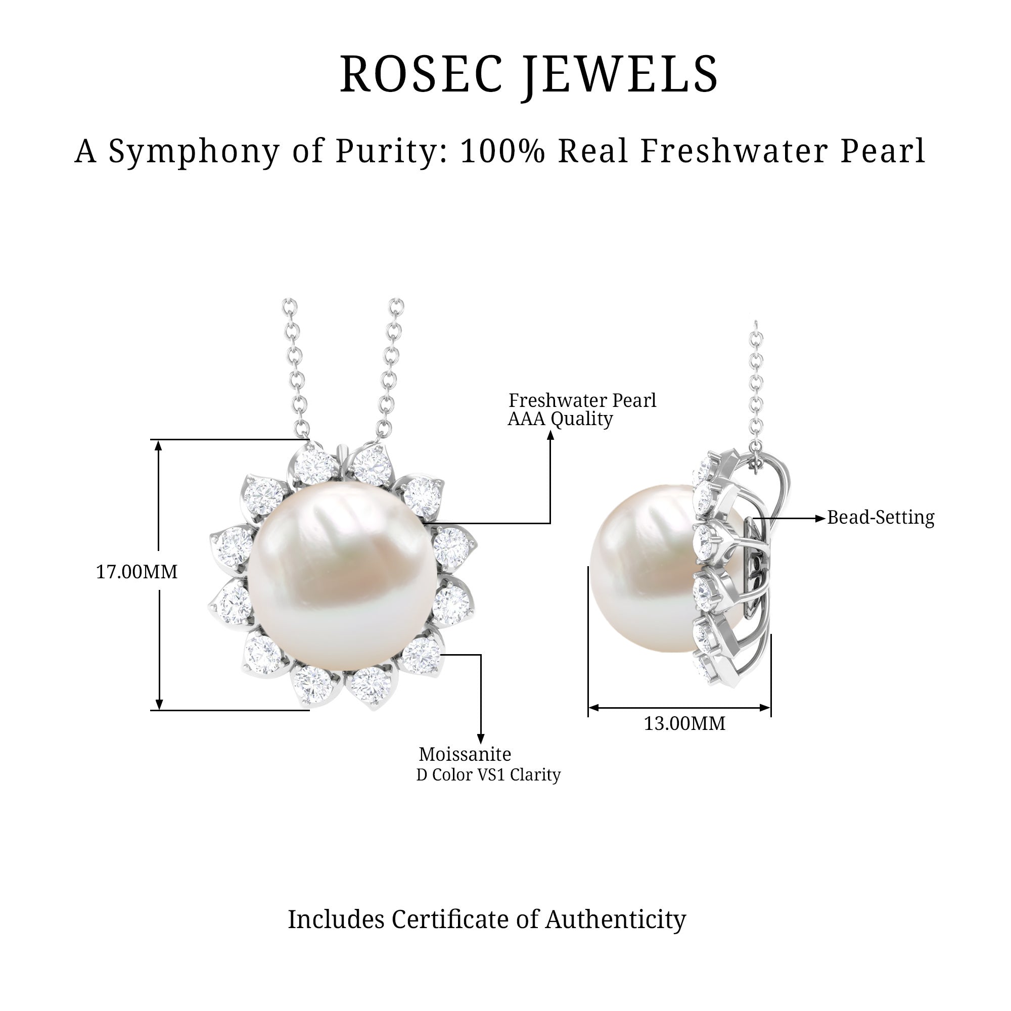 Freshwater Pearl and Moissanite Cocktail Flower Pendant Necklace Freshwater Pearl - ( AAA ) - Quality - Rosec Jewels