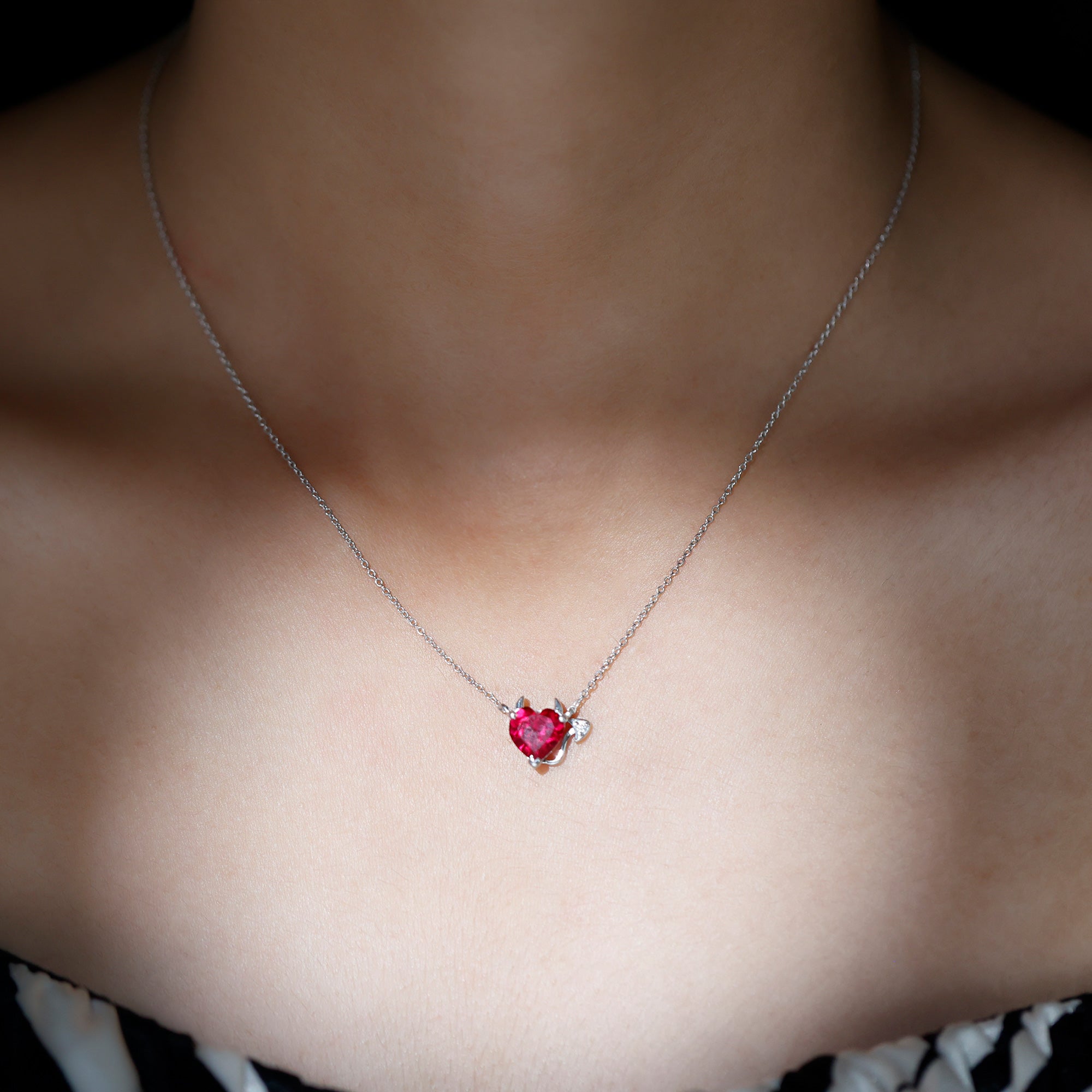 Created Ruby Devil Heart Necklace with Moissanite Lab Created Ruby - ( AAAA ) - Quality - Rosec Jewels