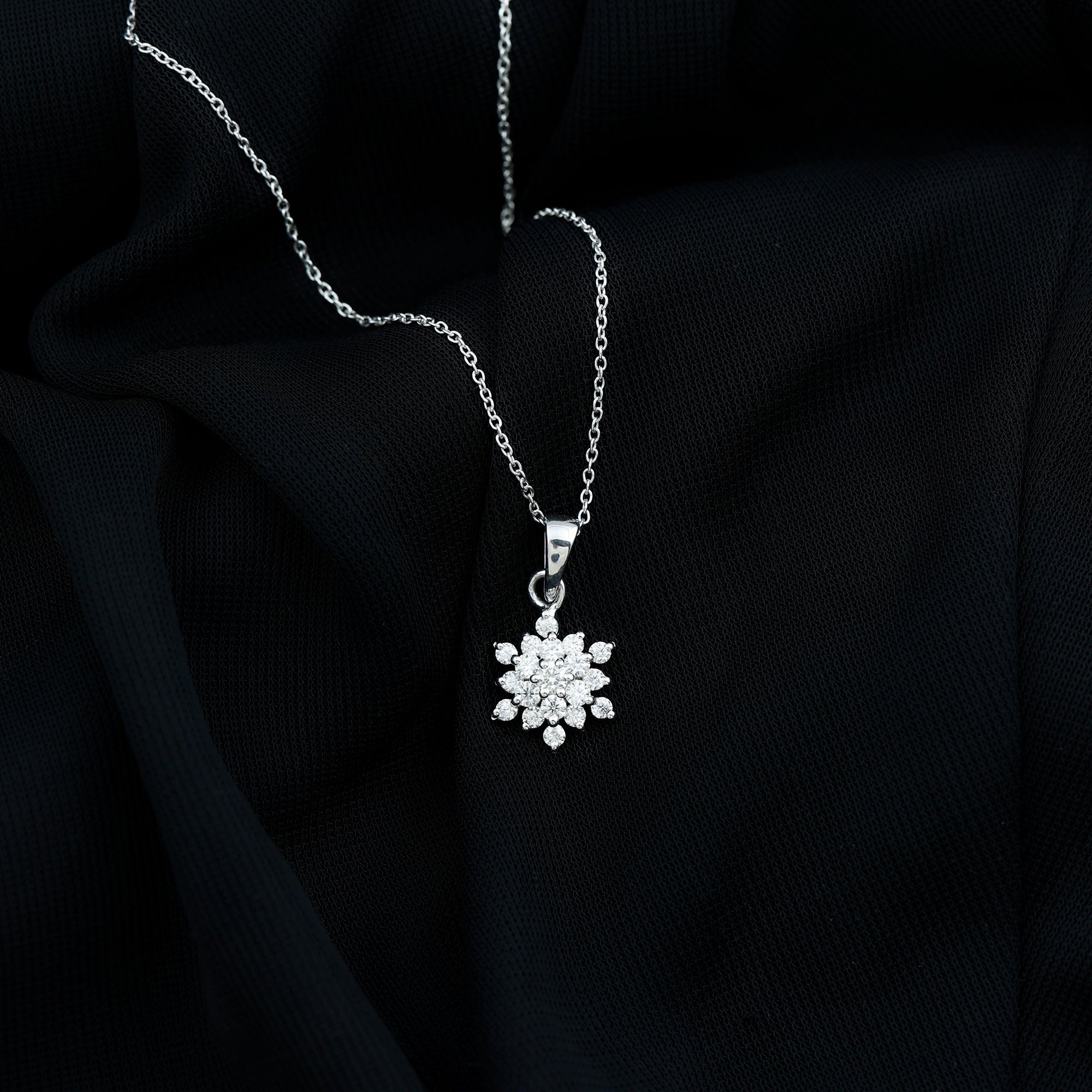 3/4 CT Snowflake Cluster Silver Pendant Necklace with Moissanite - Rosec Jewels