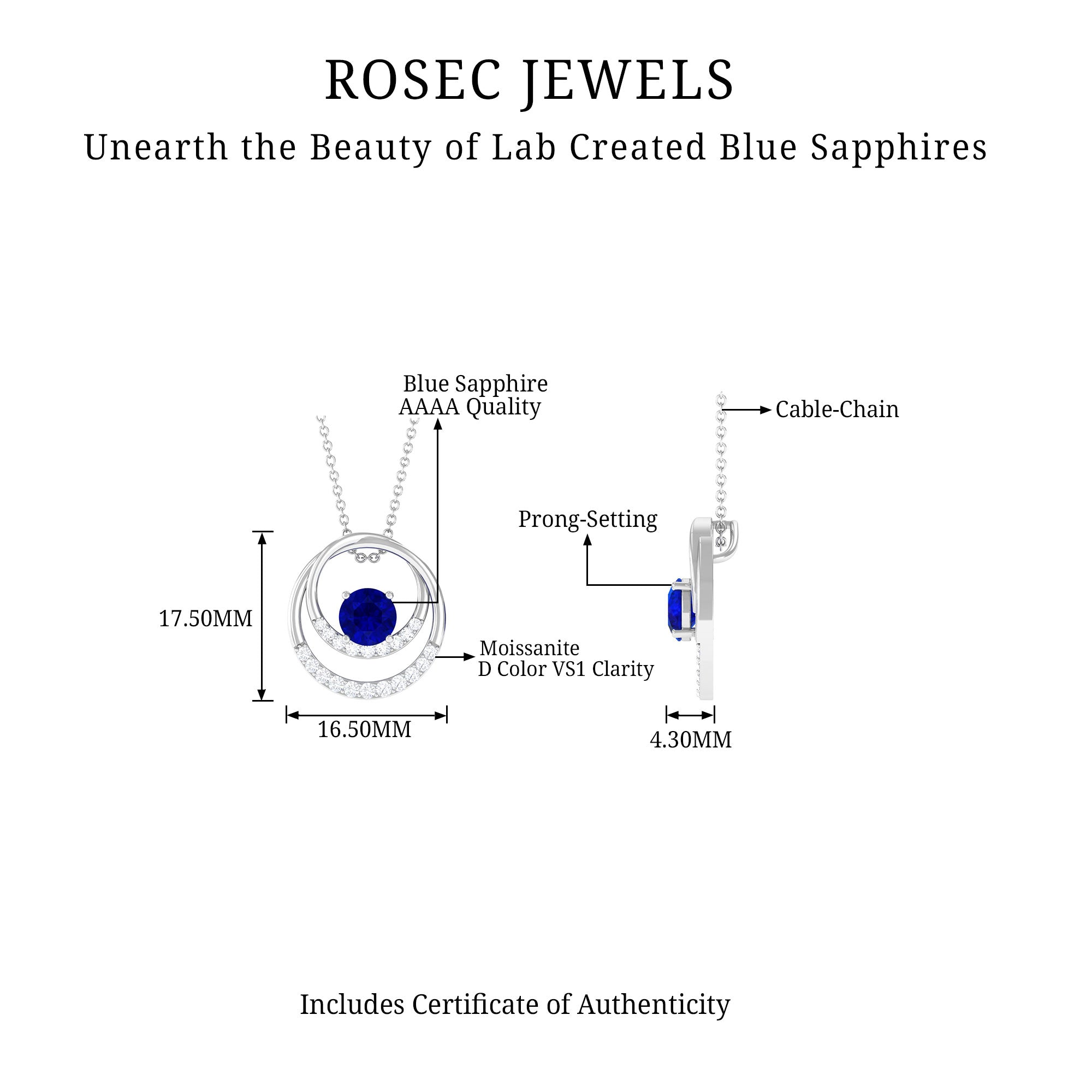 Certified Created Blue Sapphire and Moissanite Open Circle Pendant in Silver - Rosec Jewels