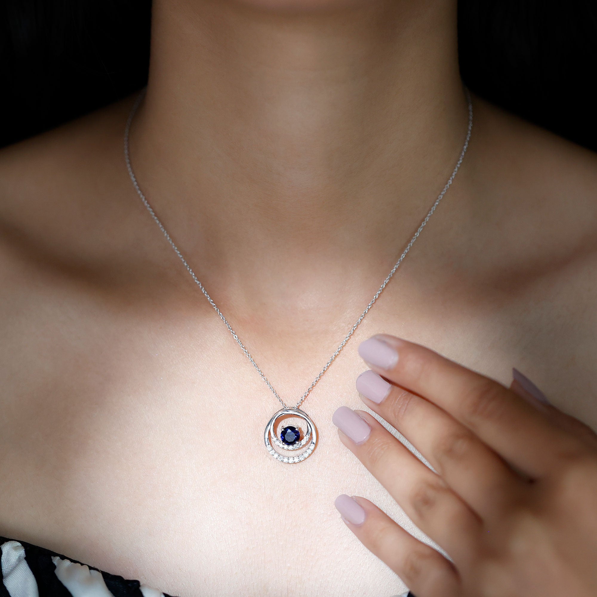 Certified Created Blue Sapphire and Moissanite Open Circle Pendant in Silver - Rosec Jewels