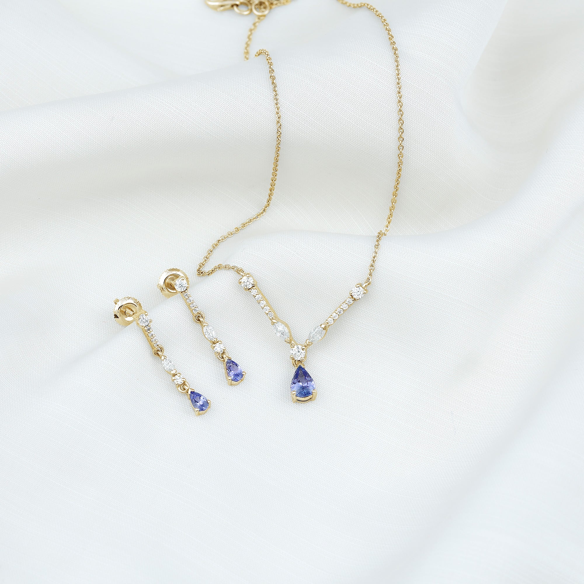 Tanzanite and Moissanite Drop Necklace Earrings Set Tanzanite - ( AAA ) - Quality - Rosec Jewels