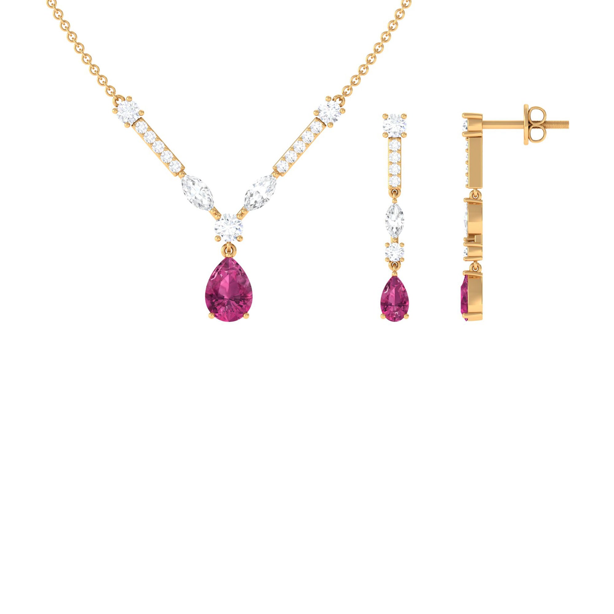 Pink Tourmaline and Moissanite Drop Necklace Earrings Set Pink Tourmaline - ( AAA ) - Quality - Rosec Jewels