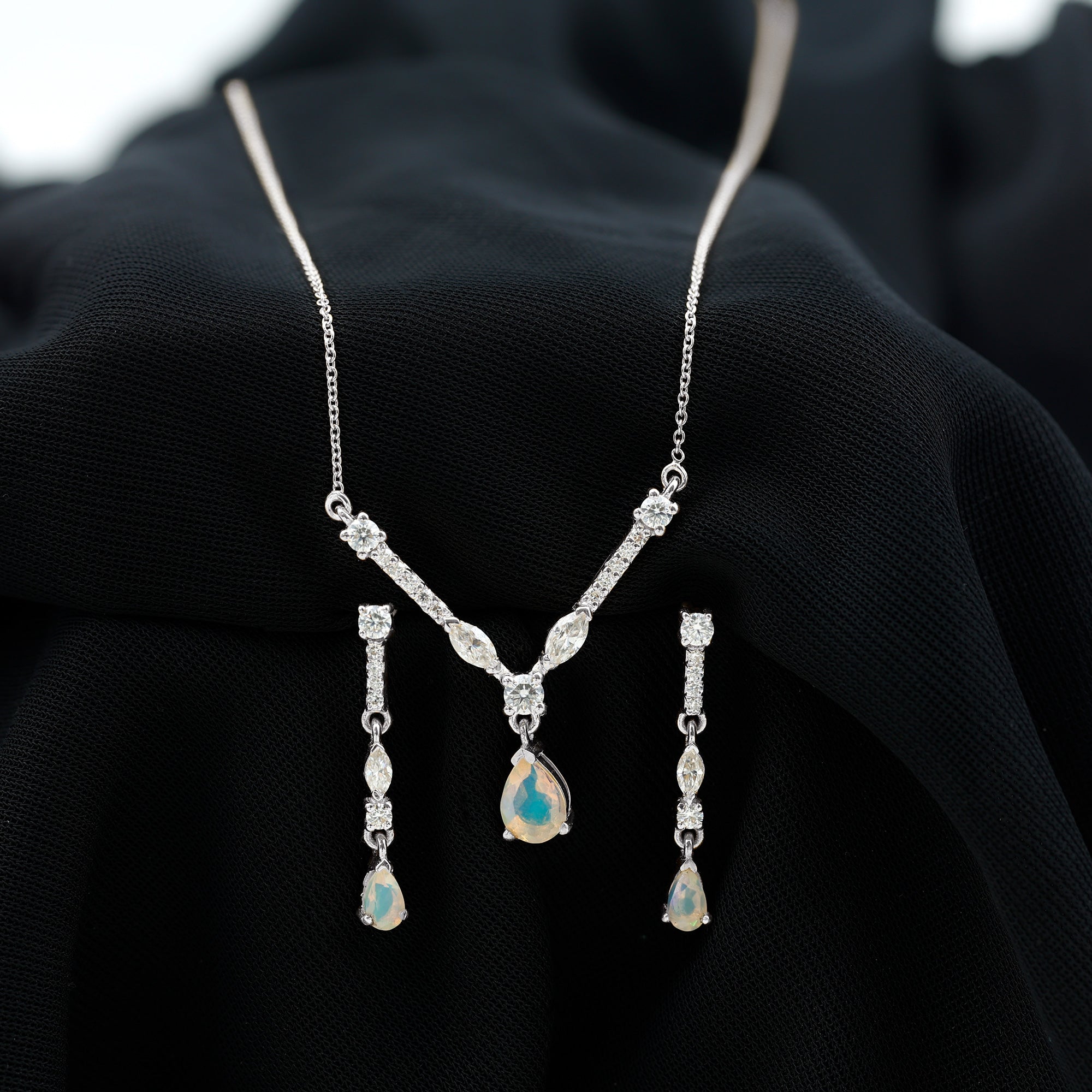 Natural Ethiopian Opal and Moissanite Teardrop Jewelry Set Ethiopian Opal - ( AAA ) - Quality - Rosec Jewels