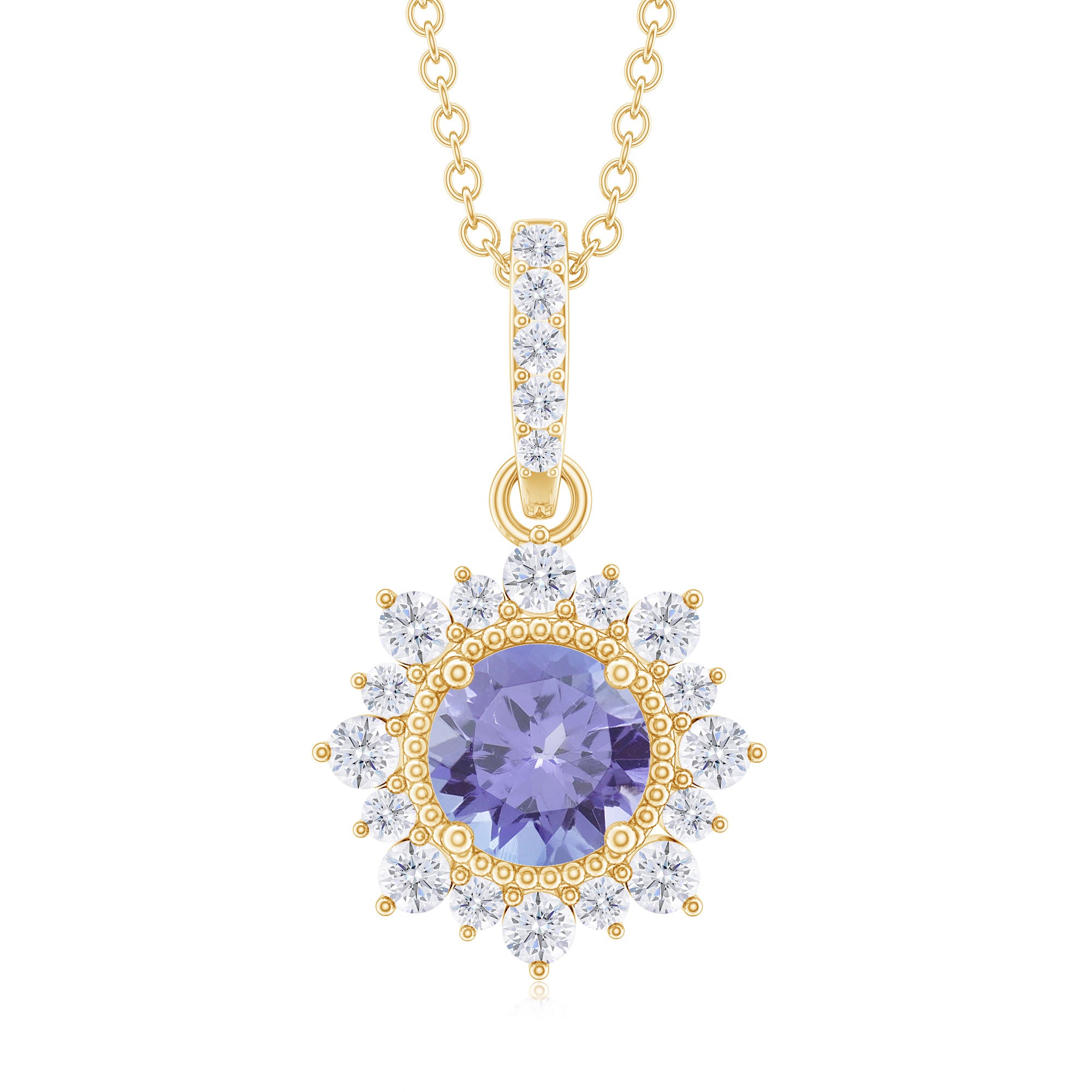 Round Tanzanite Halo Pendant with Diamond Accent Bail Tanzanite - ( AAA ) - Quality - Rosec Jewels