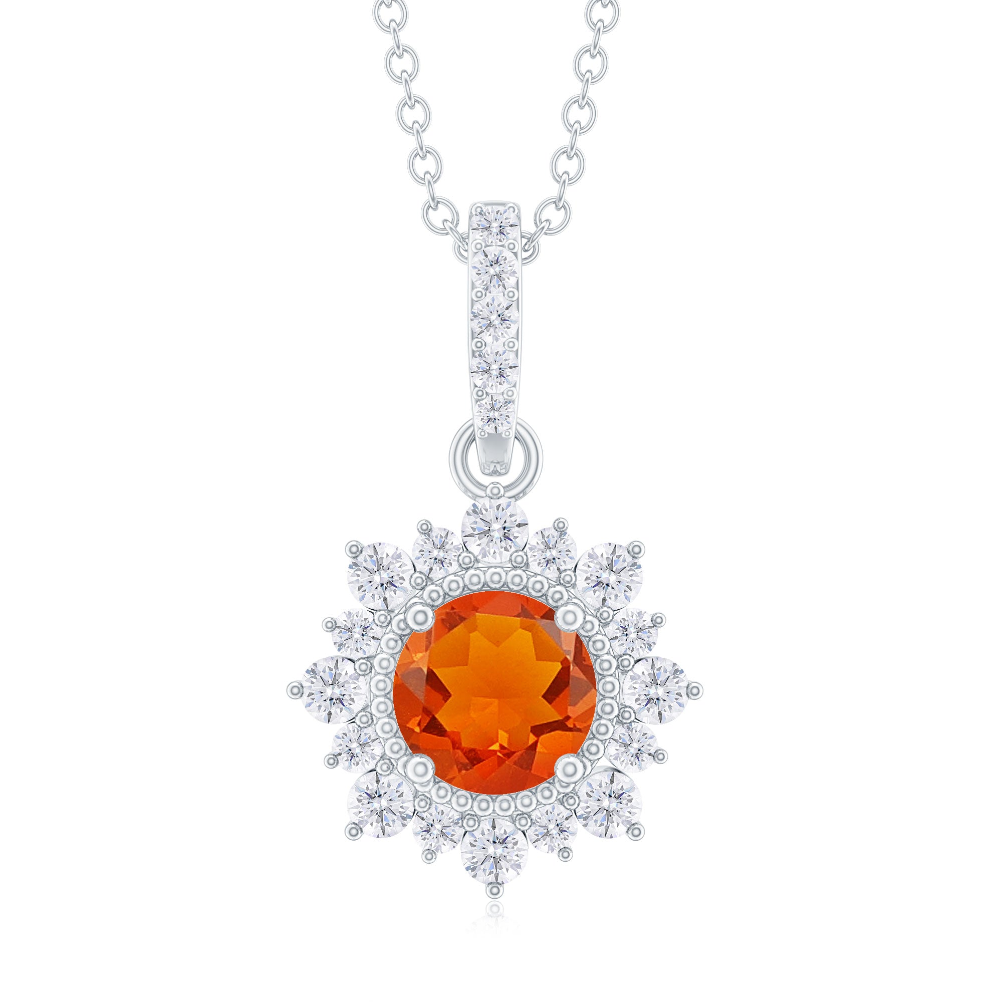 Round Fire Opal Halo Pendant with Diamond Accent Bail Fire Opal - ( AAA ) - Quality - Rosec Jewels