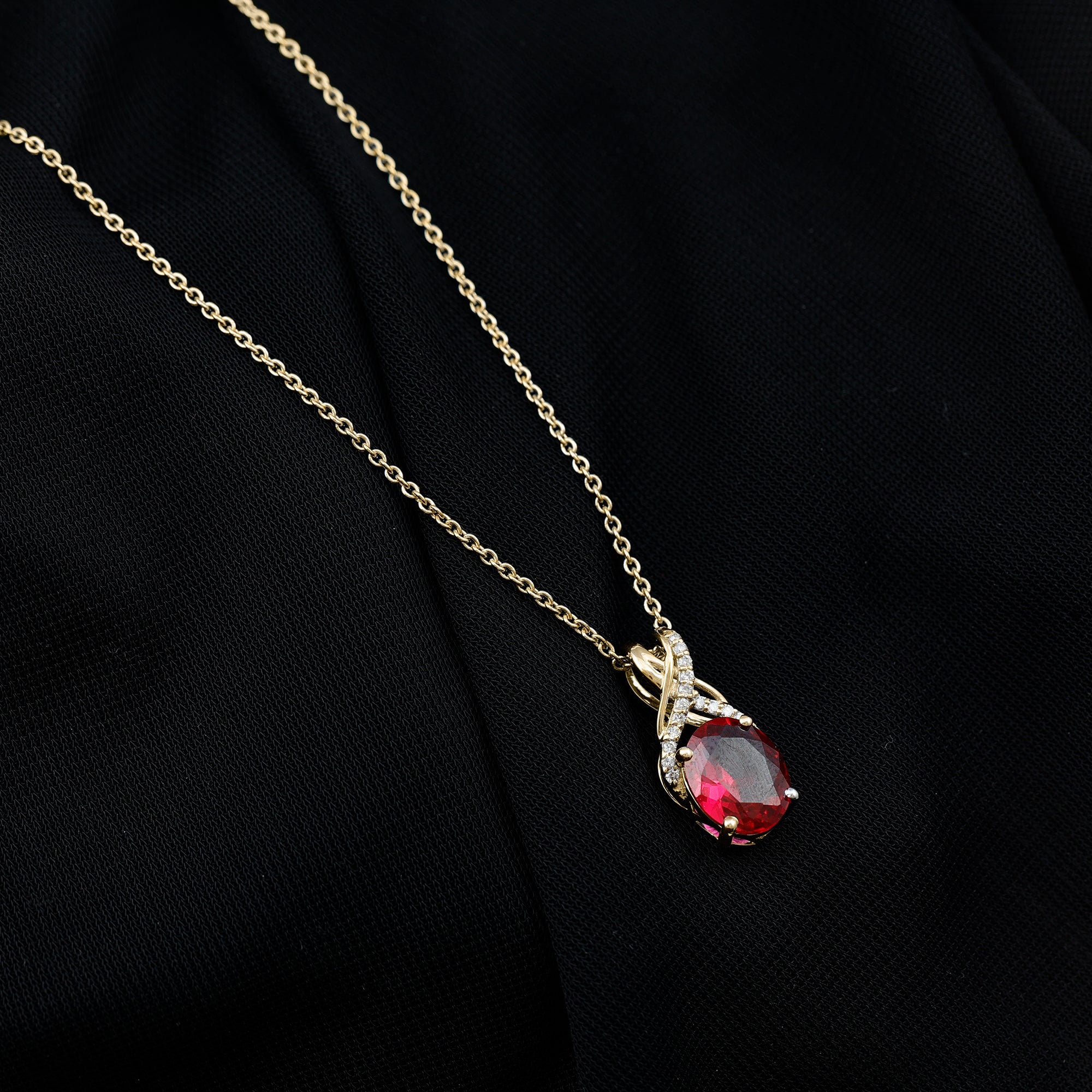 Designer Oval Created Ruby Solitaire Pendant with Diamond Twisted Bail Lab Created Ruby - ( AAAA ) - Quality - Rosec Jewels