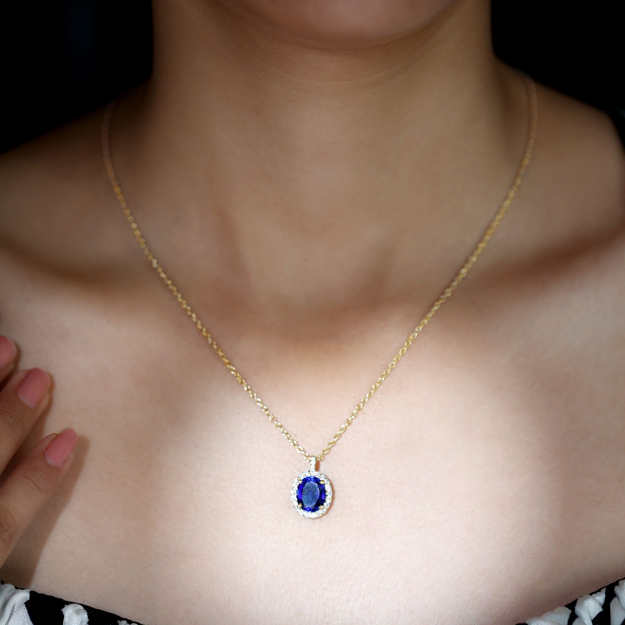 Oval Cut Created Blue Sapphire Halo Pendant with Moissanite Lab Created Blue Sapphire - ( AAAA ) - Quality - Rosec Jewels