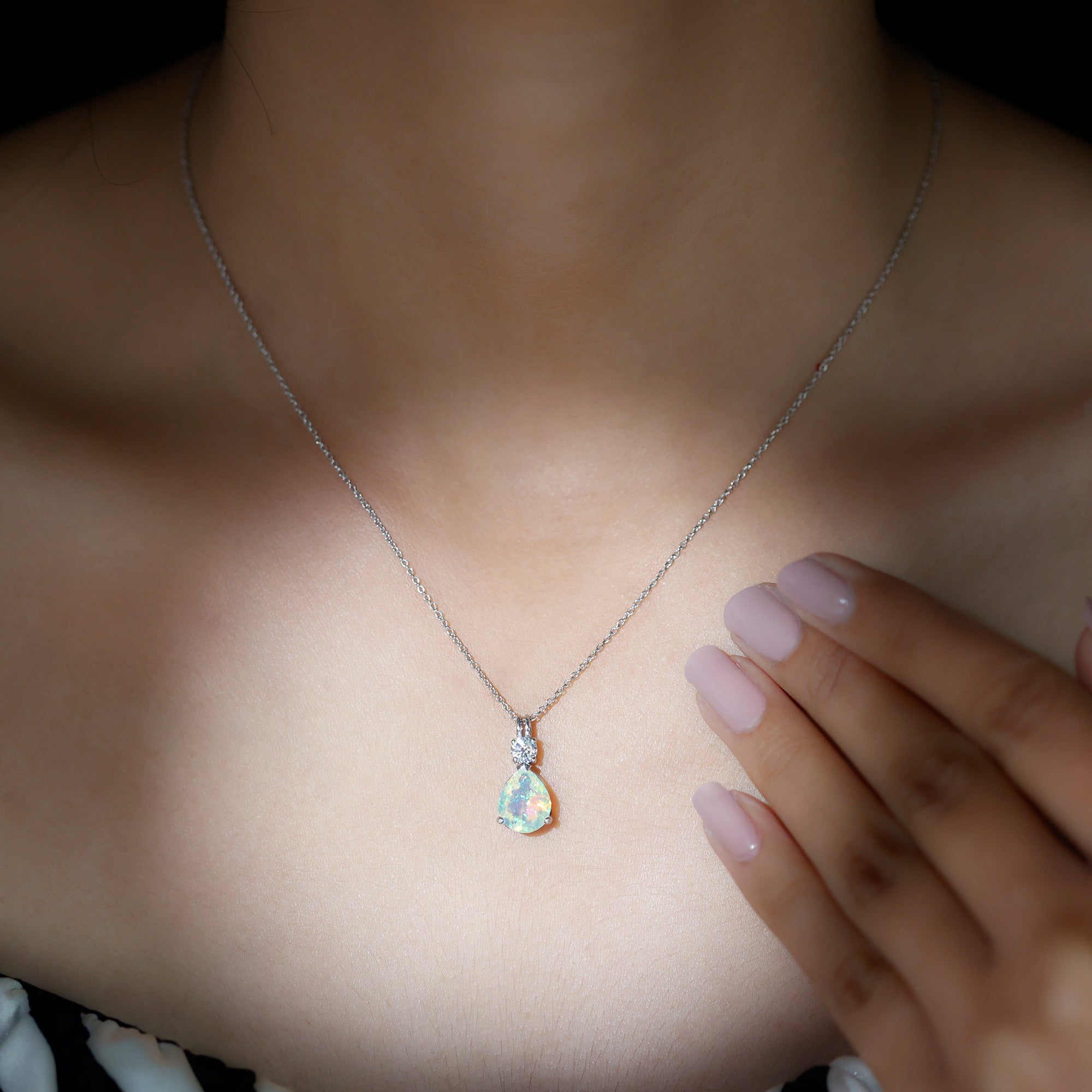 Simple Ethiopian Opal Teardrop Silver Pendant with Moissanite - Rosec Jewels