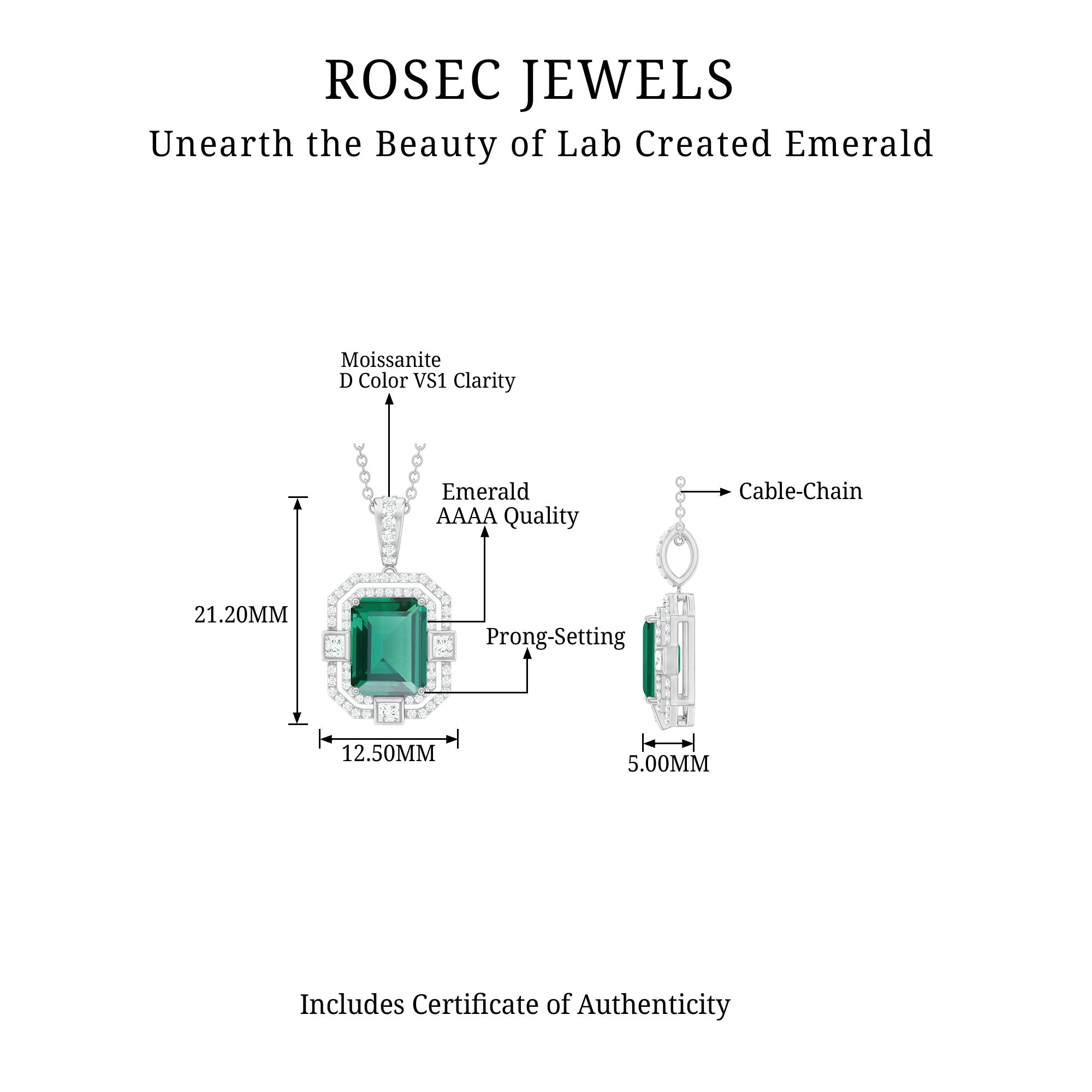 Vintage Inspired Octagon Cut Created Emerald and Moissanite Pendant Lab Created Emerald - ( AAAA ) - Quality - Rosec Jewels