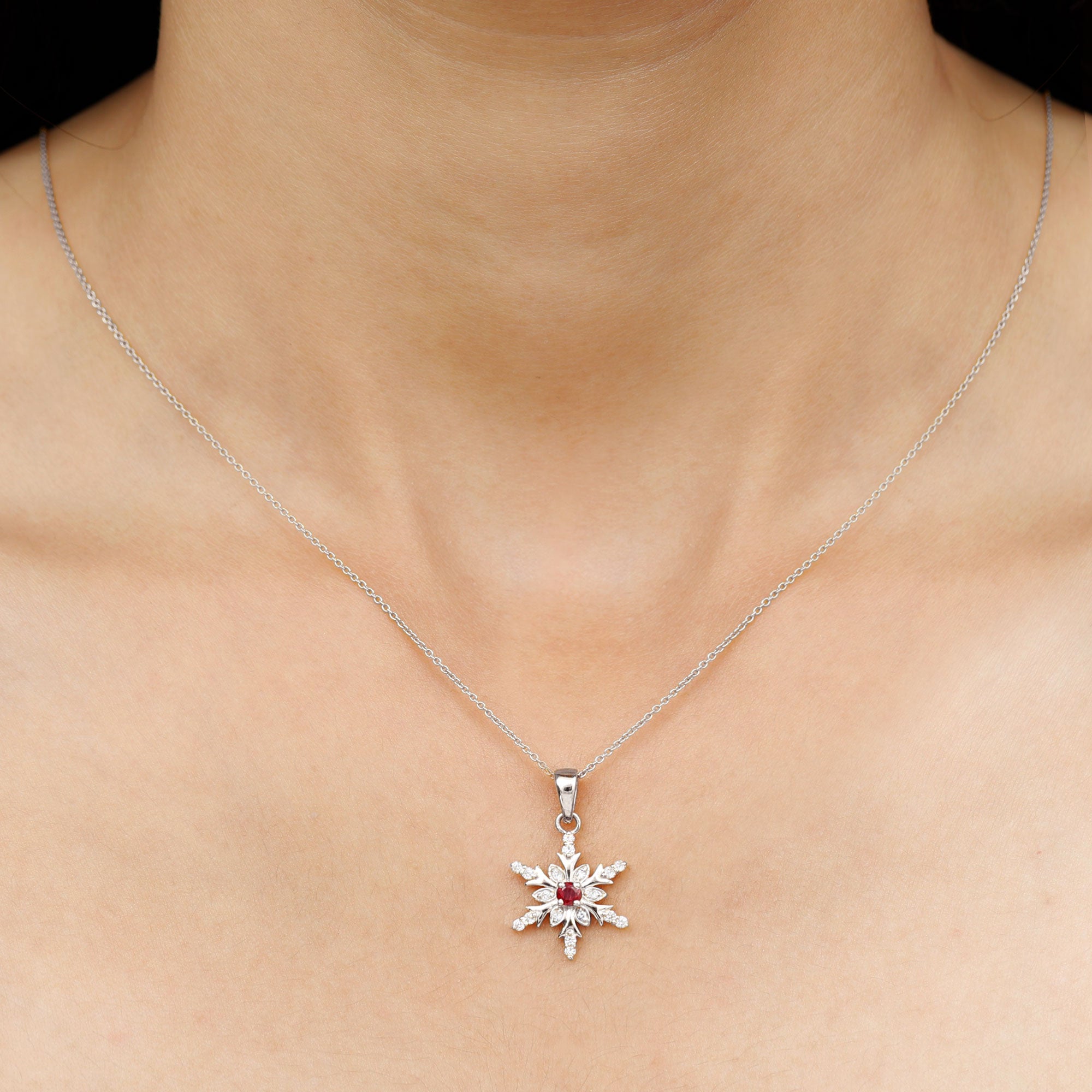 Classic Ruby and Diamond Snowflake Pendant Necklace Ruby - ( AAA ) - Quality - Rosec Jewels