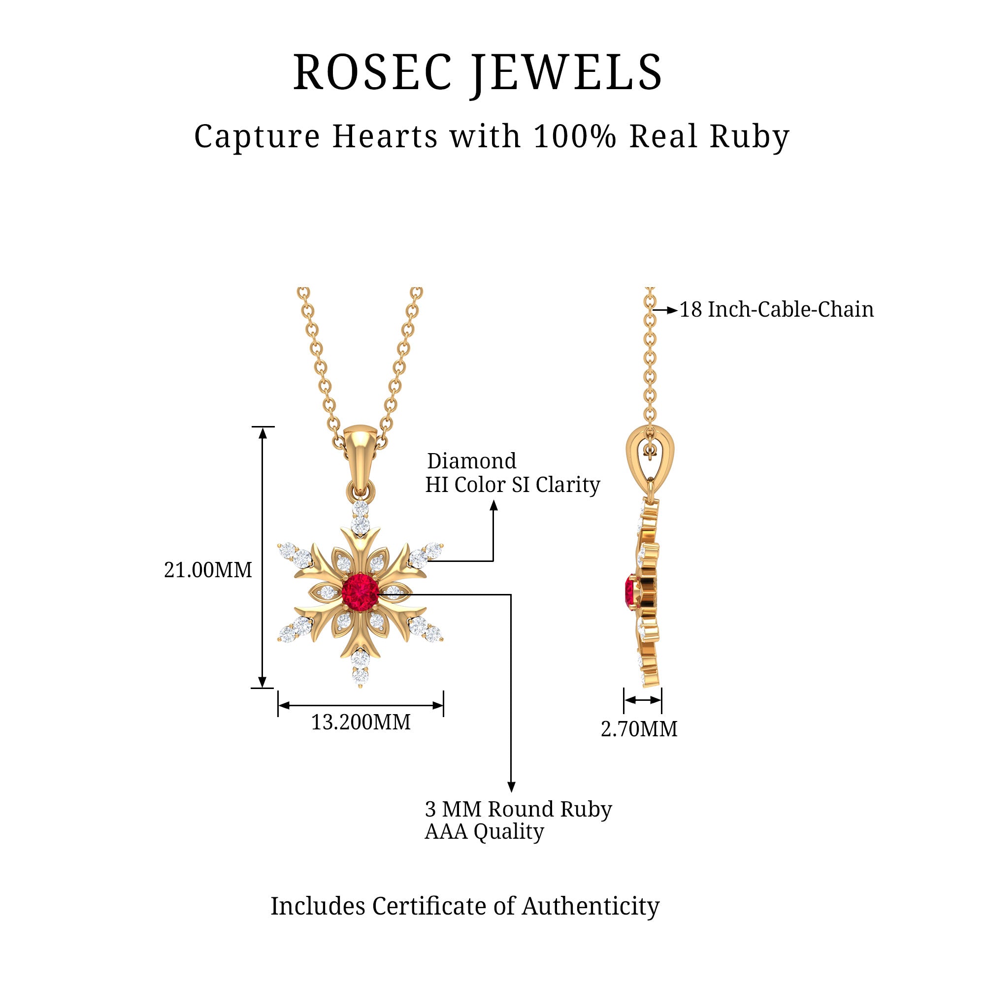 Classic Ruby and Diamond Snowflake Pendant Necklace Ruby - ( AAA ) - Quality - Rosec Jewels