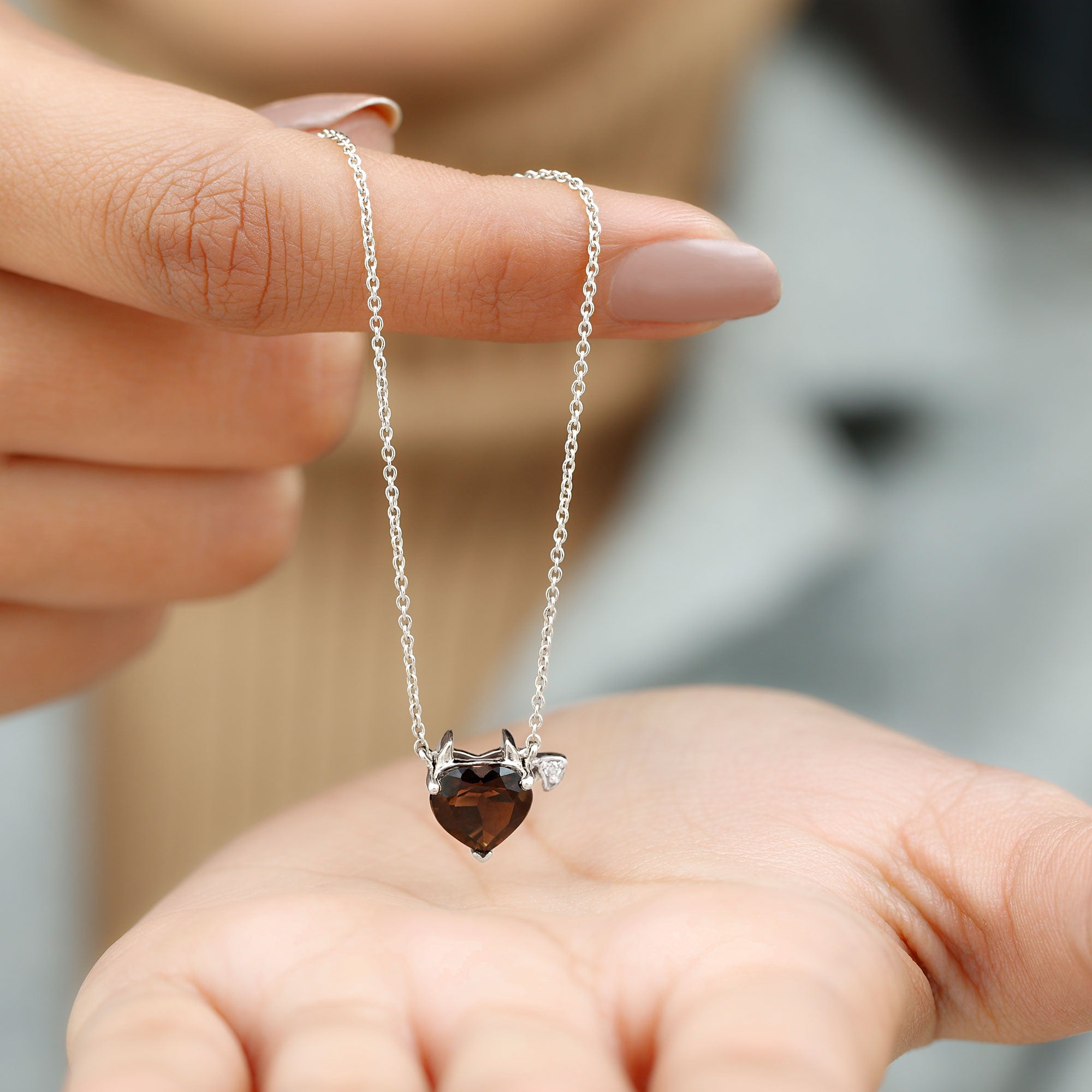 Smoky Quartz Devil Heart Pendant Necklace with Diamond Smoky Quartz - ( AAA ) - Quality - Rosec Jewels