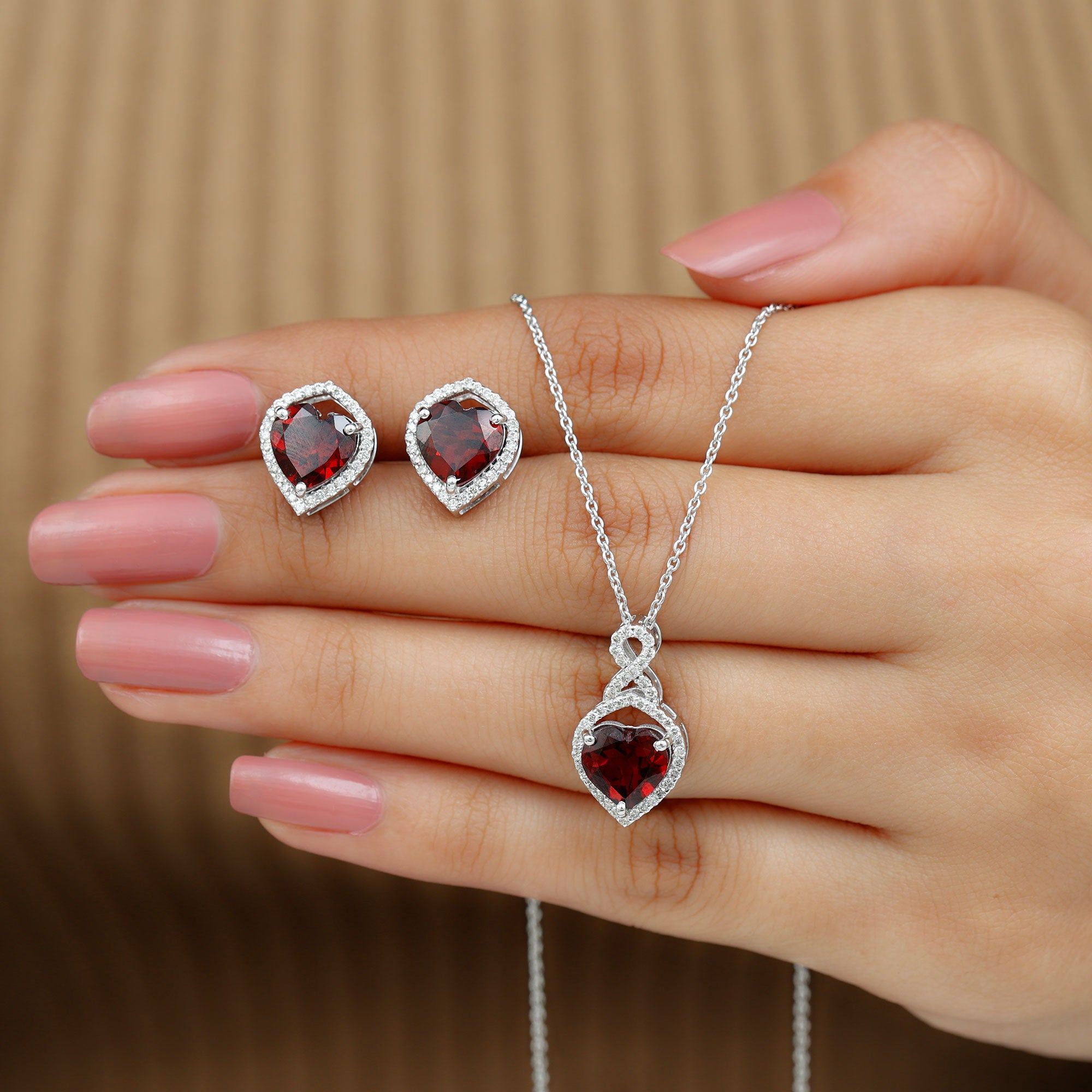 Garnet and Diamond Infinity Heart Jewelry Set Garnet - ( AAA ) - Quality - Rosec Jewels