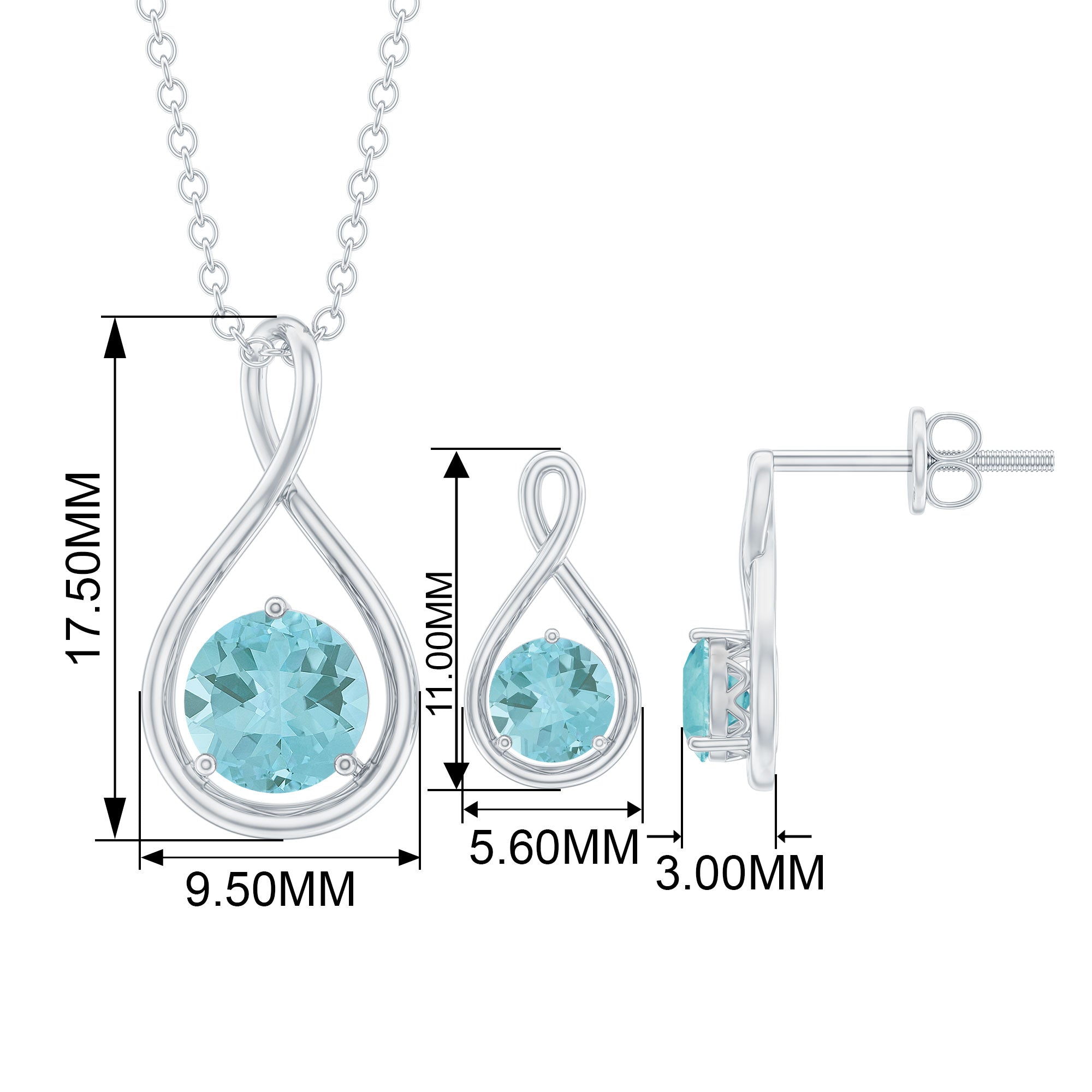 Sky Blue Topaz Solitaire and Gold Infinity Earrings and Necklace Set Sky Blue Topaz - ( AAA ) - Quality - Rosec Jewels