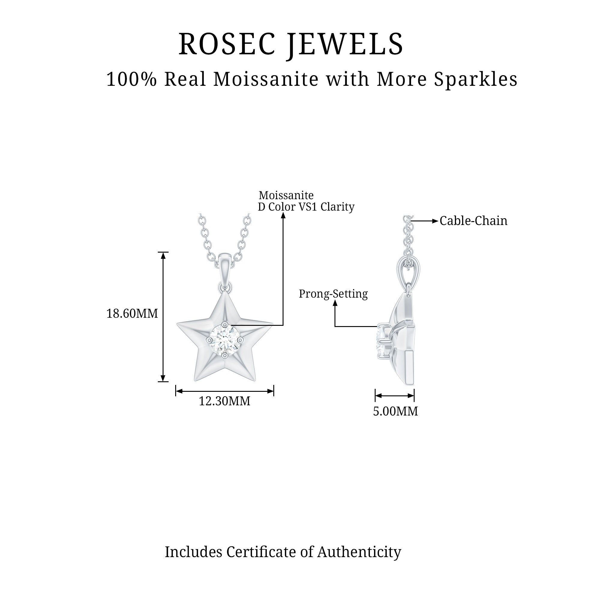 Certified Moissanite Star Pendant Necklace - Rosec Jewels