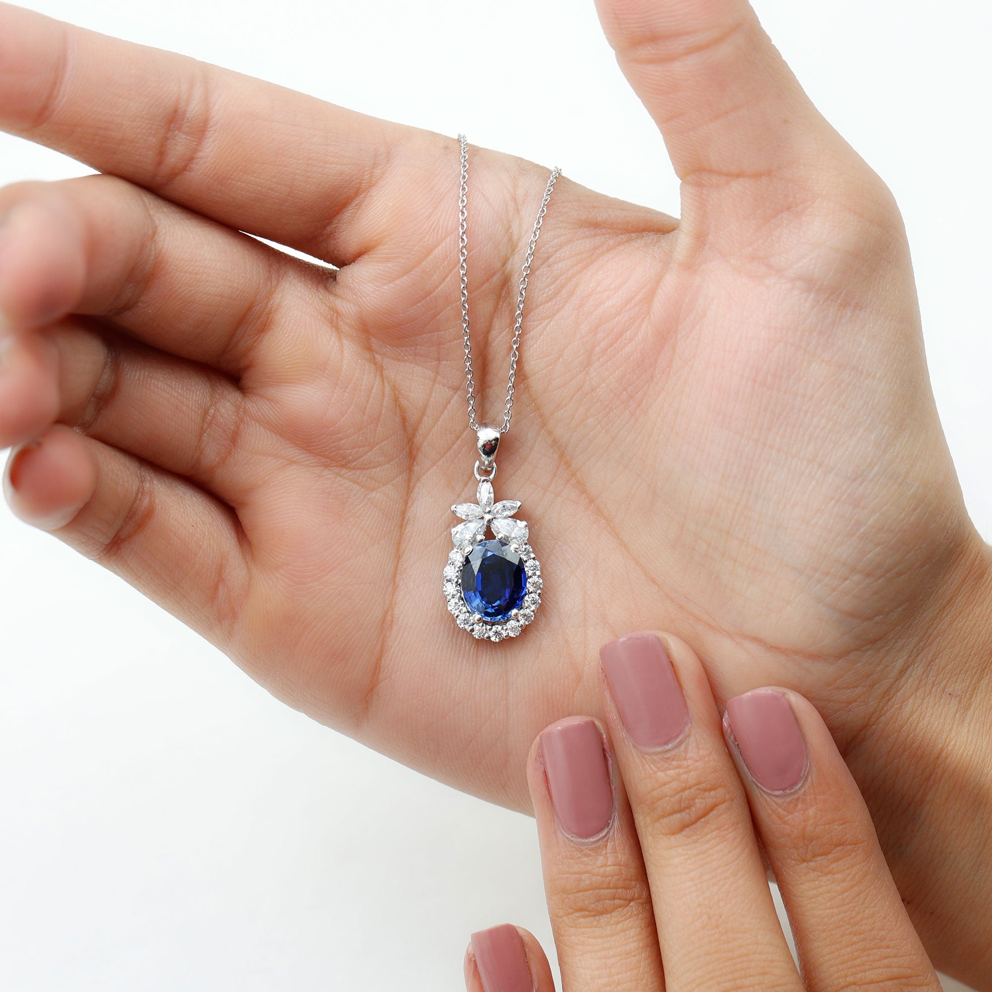 Oval Cut Created Blue Sapphire and Moissanite Floral Statement Pendant Lab Created Blue Sapphire - ( AAAA ) - Quality - Rosec Jewels