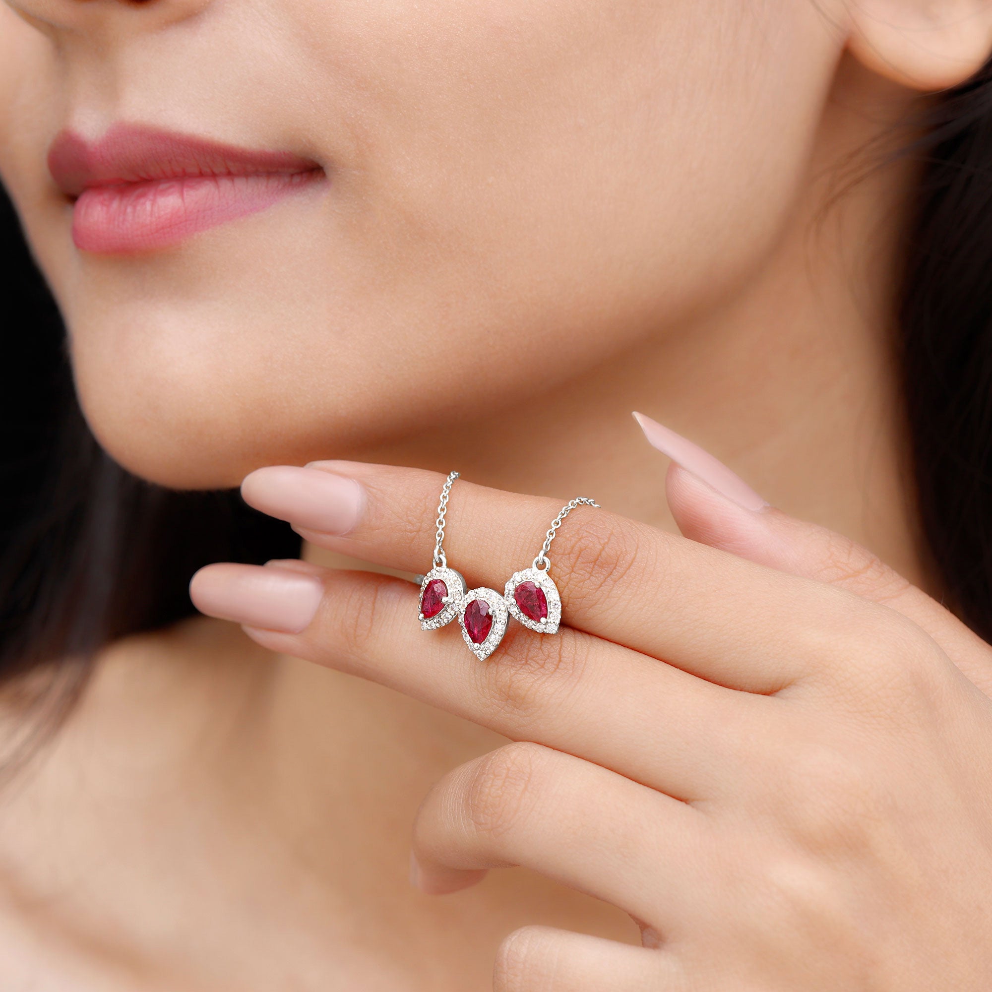 Three Pear Cut Created Ruby and Moissanite Halo Leaf Necklace in Silver - Rosec Jewels