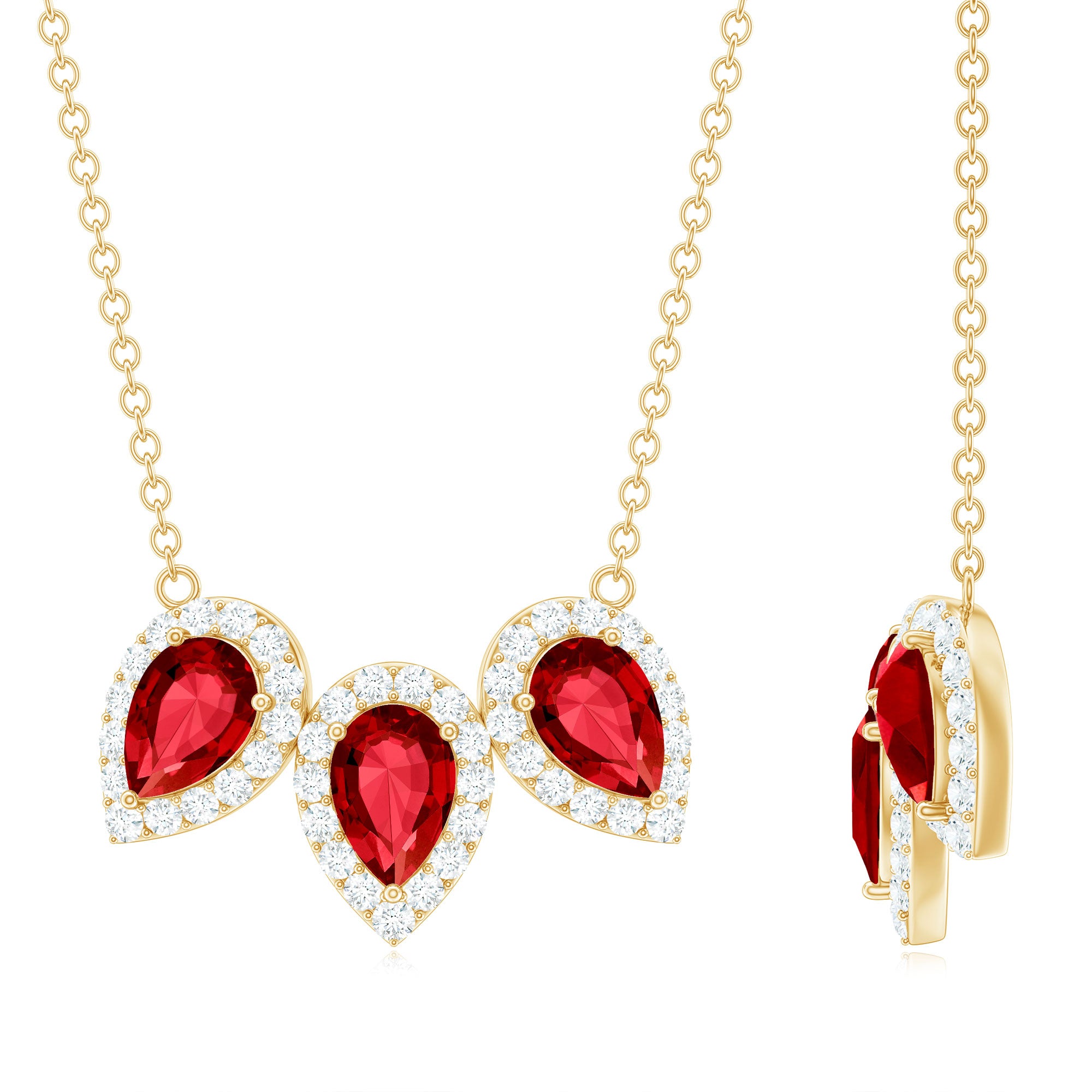 Three Pear Cut Created Ruby and Moissanite Halo Leaf Necklace Lab Created Ruby - ( AAAA ) - Quality - Rosec Jewels