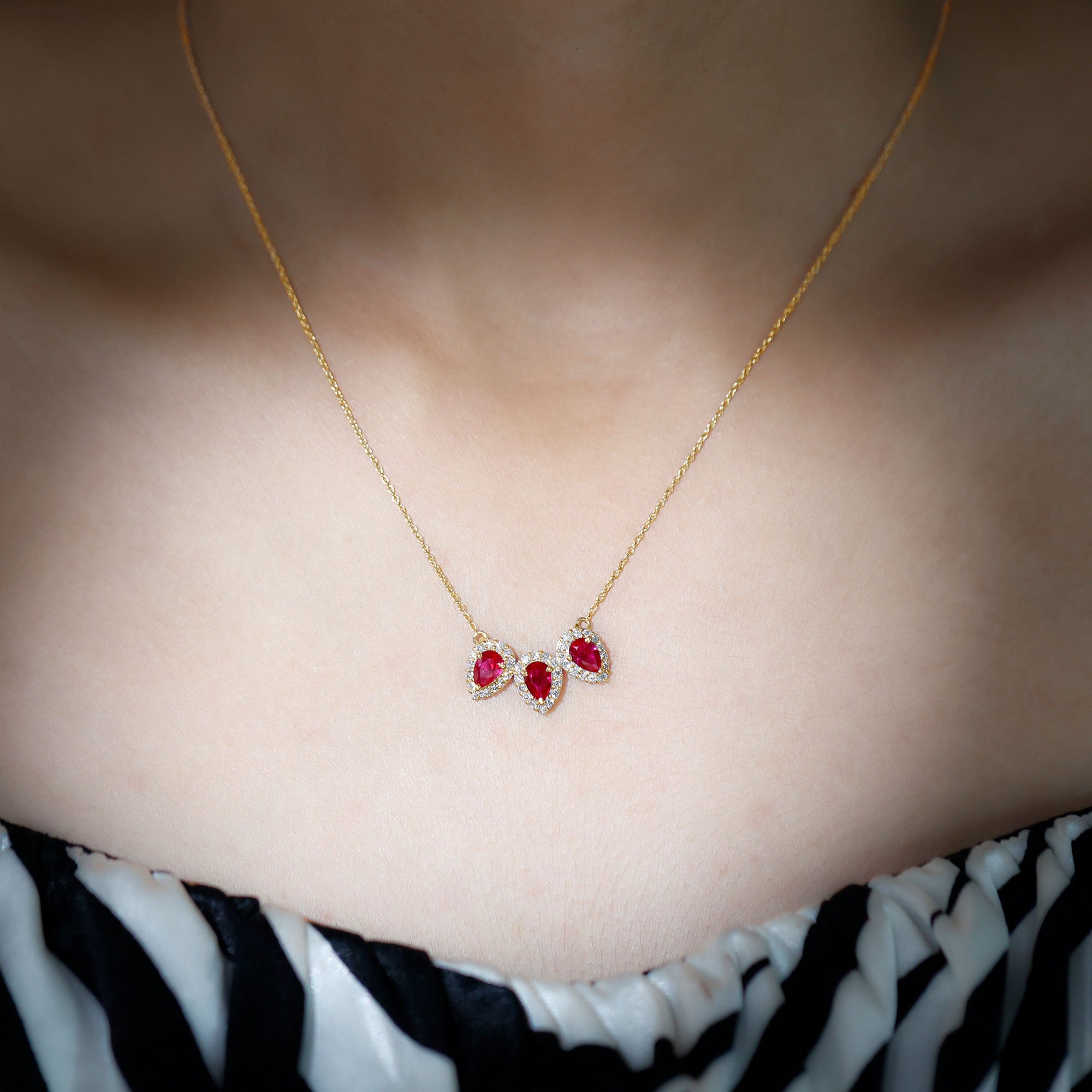 Three Pear Cut Created Ruby and Moissanite Halo Leaf Necklace Lab Created Ruby - ( AAAA ) - Quality - Rosec Jewels