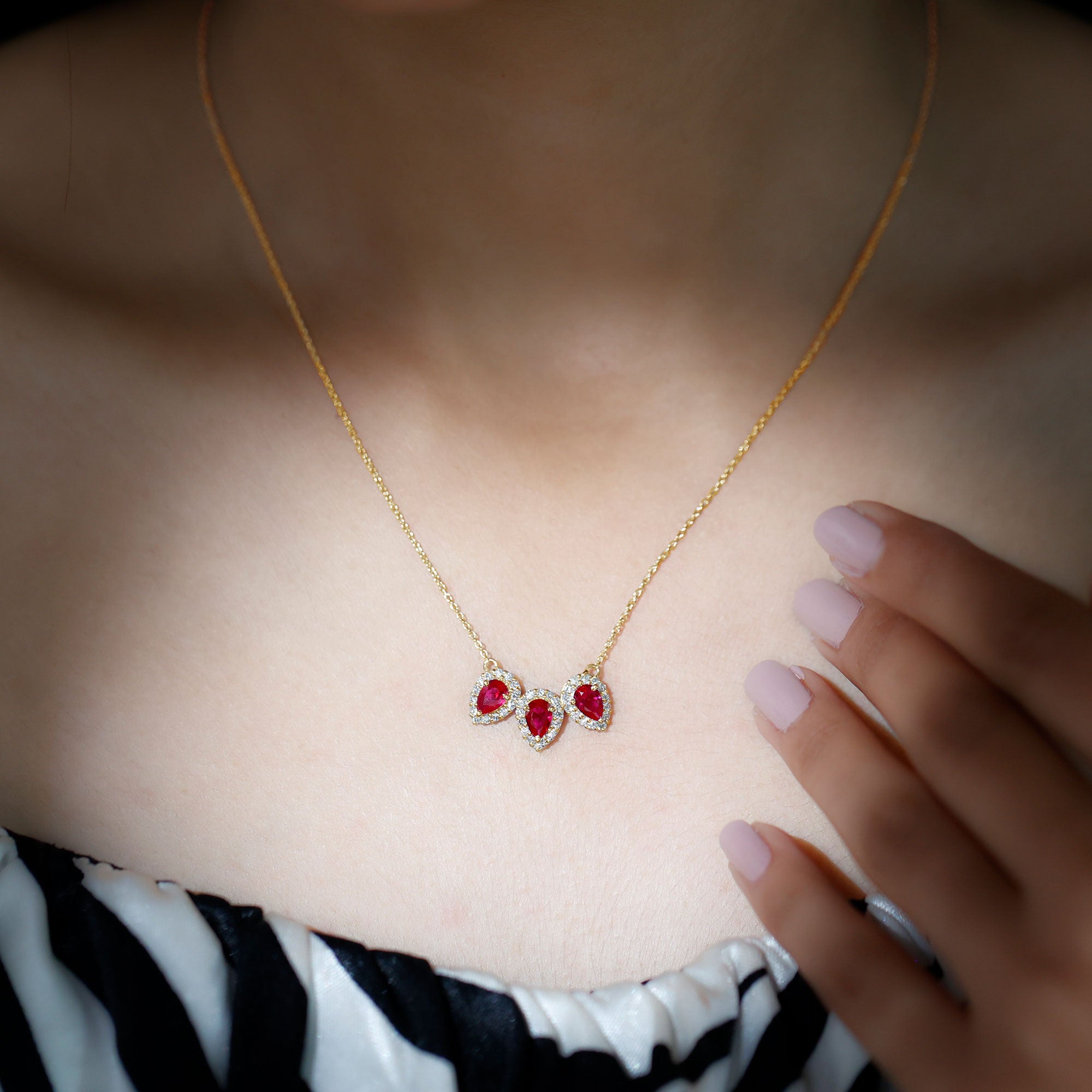 Three Pear Cut Created Ruby and Moissanite Halo Leaf Necklace Lab Created Ruby - ( AAAA ) - Quality - Rosec Jewels