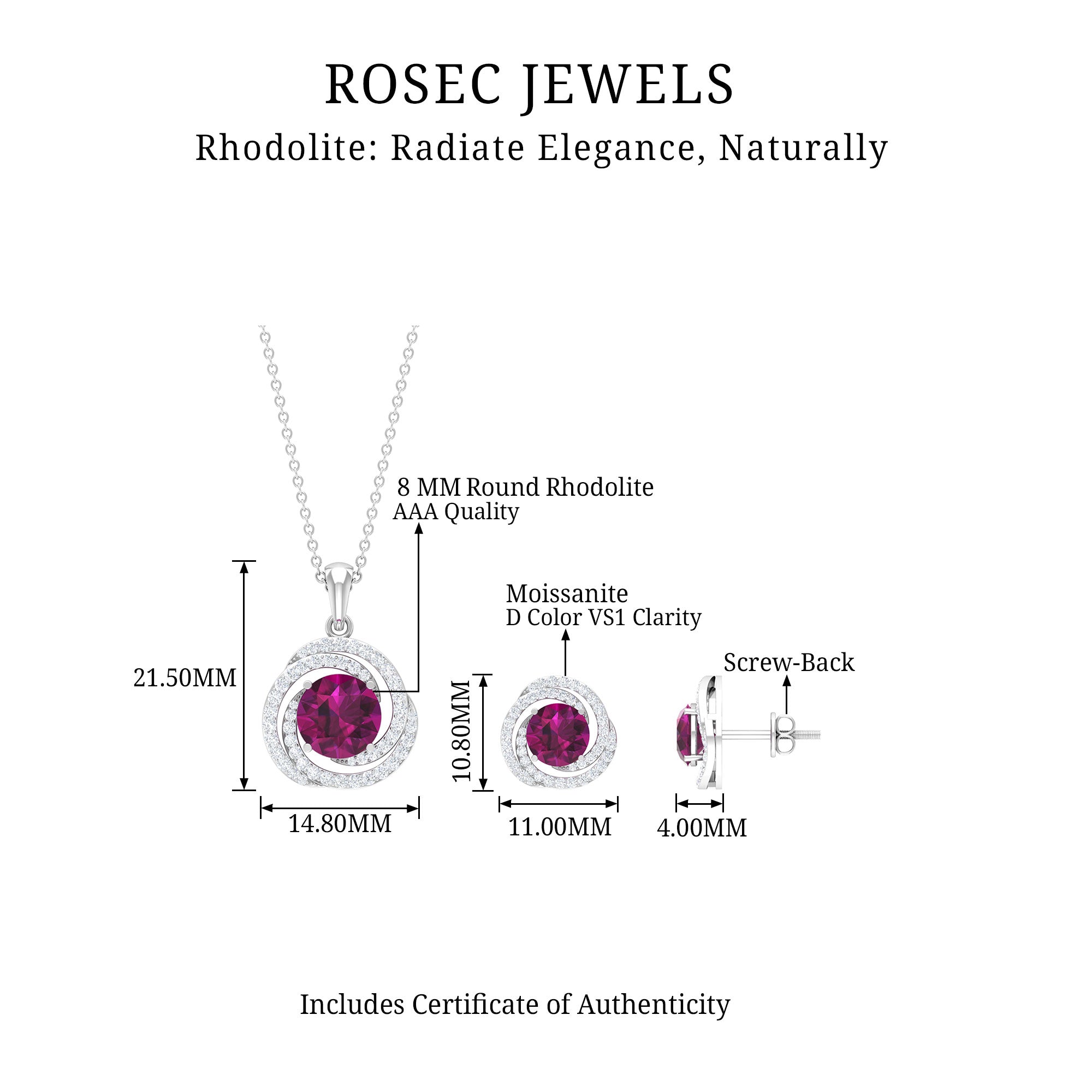 Minimal Rhodolite and Moissanite Swirl Jewelry Set Rhodolite - ( AAA ) - Quality - Rosec Jewels