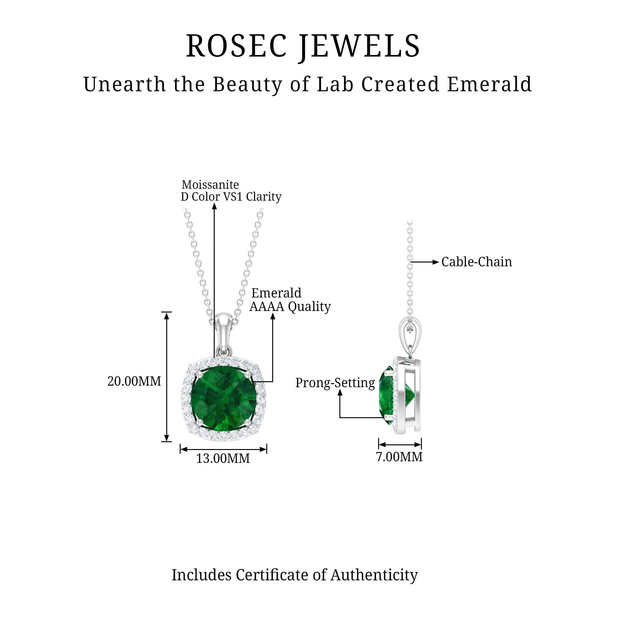 10 MM Classic Solitaire Created Emerald and Moissanite Silver Halo Pendant Necklace - Rosec Jewels