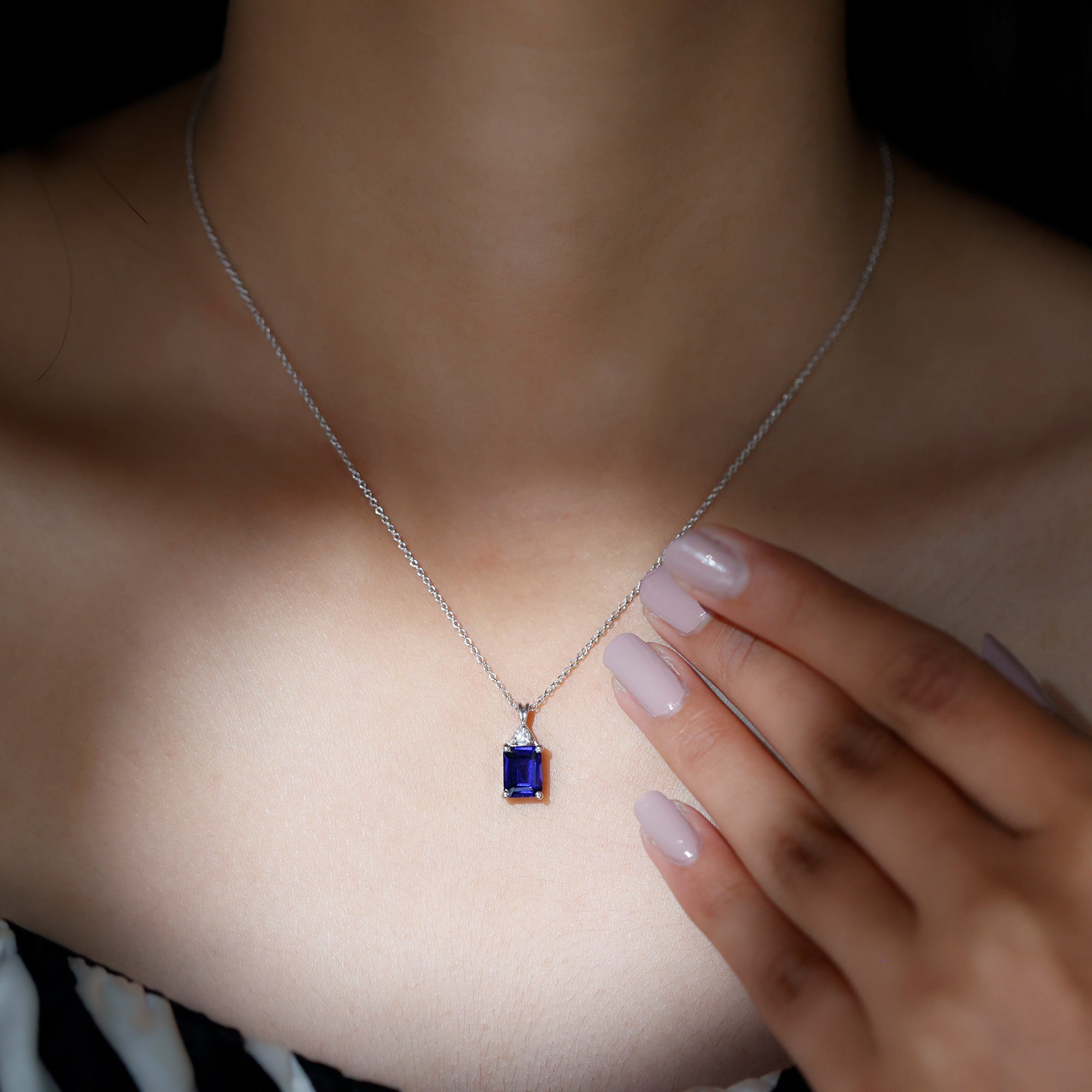 Emerald Cut Created Blue Sapphire Solitaire Silver Pendant with Moissanite - Rosec Jewels