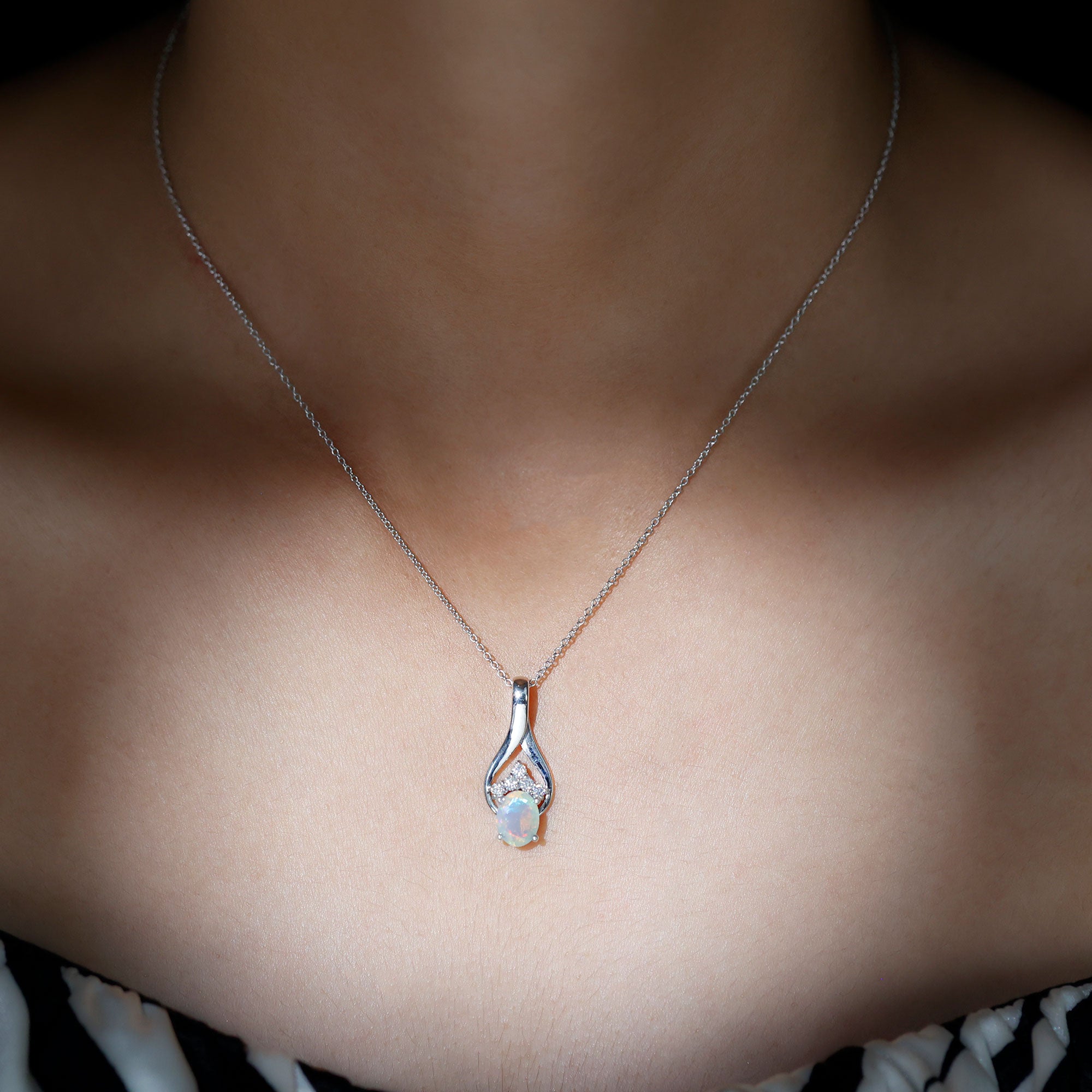 Oval Ethiopian Opal and Moissanite Silver Teardrop Pendant - Rosec Jewels