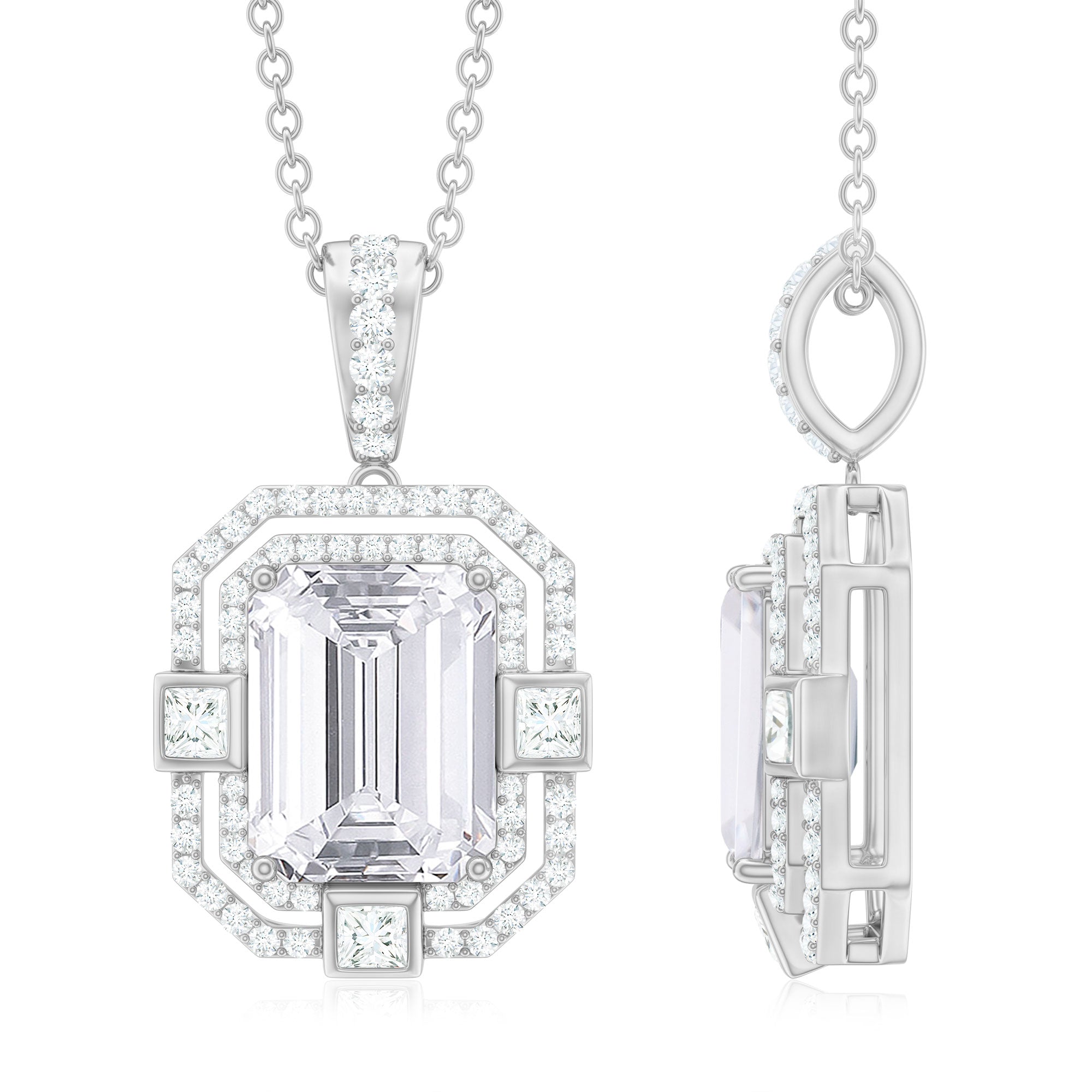 Vintage Style Emerald Cut Moissanite Halo Pendant Necklace in Silver - Rosec Jewels