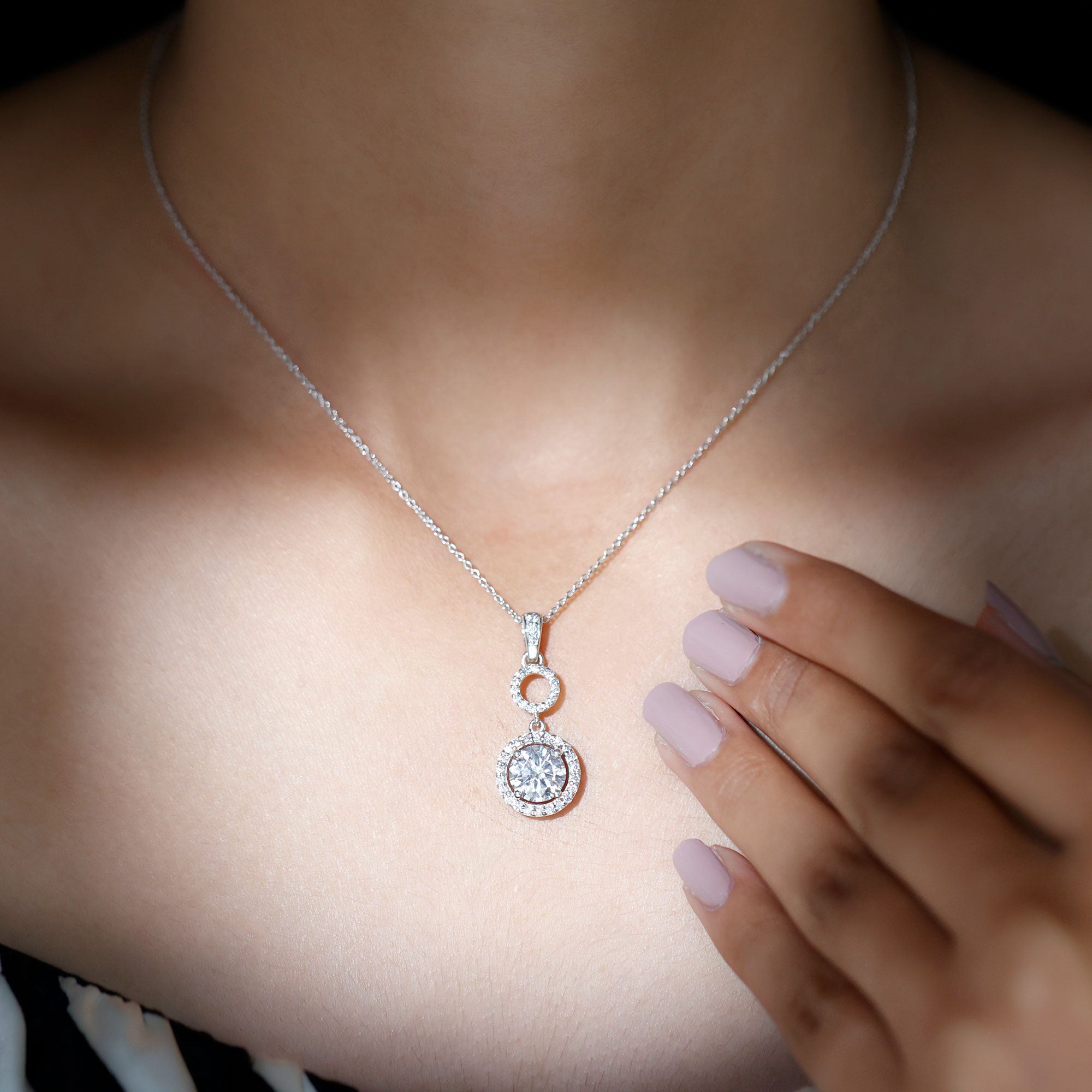 Claw Set Round Moissanite Halo Dangle Pendant Necklace in Silver - Rosec Jewels