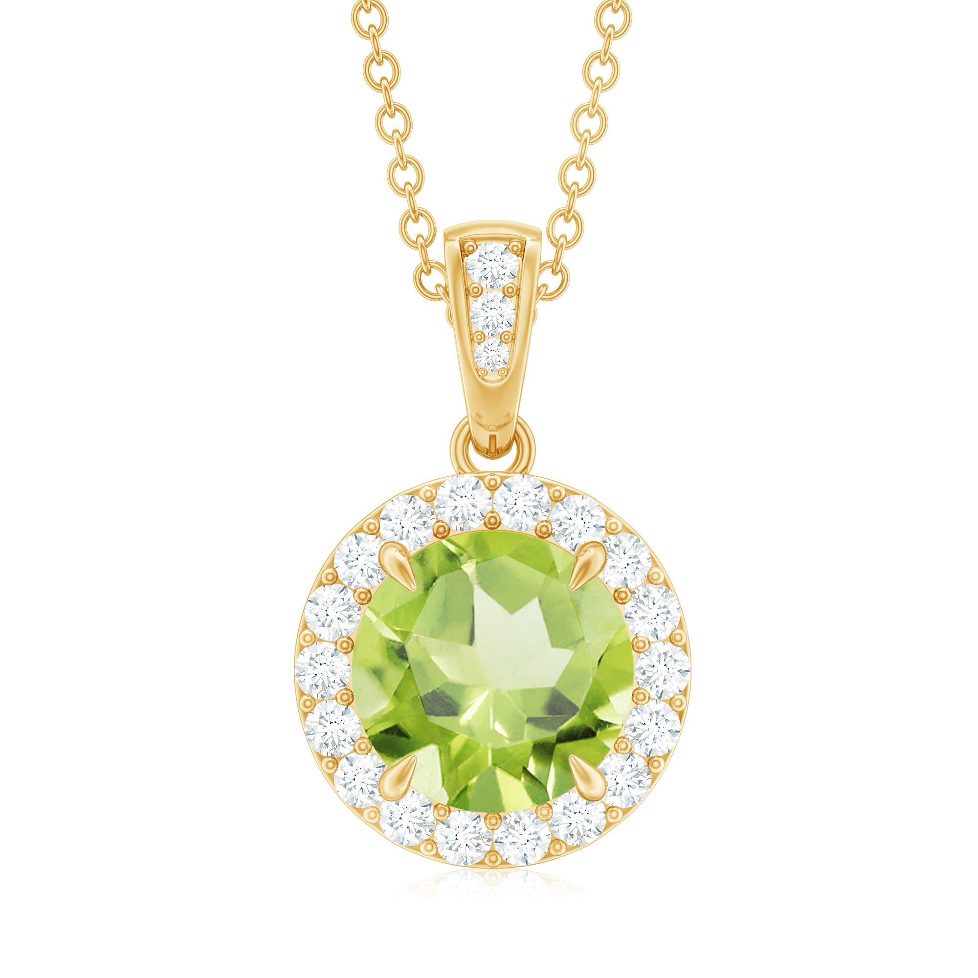 Claw Set Round Peridot Halo Pendant with Diamond Peridot - ( AAA ) - Quality - Rosec Jewels