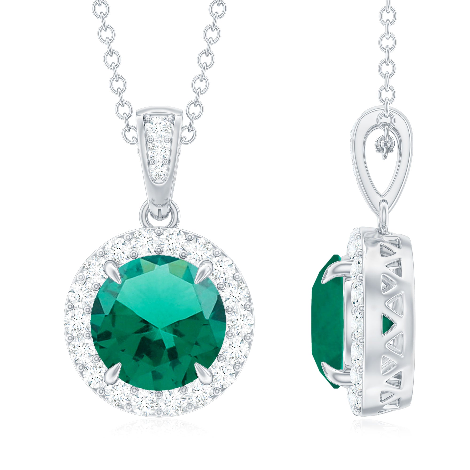 Lab Grown Emerald Pendant Necklace With Moissanite Halo Lab Created Emerald - ( AAAA ) - Quality - Rosec Jewels