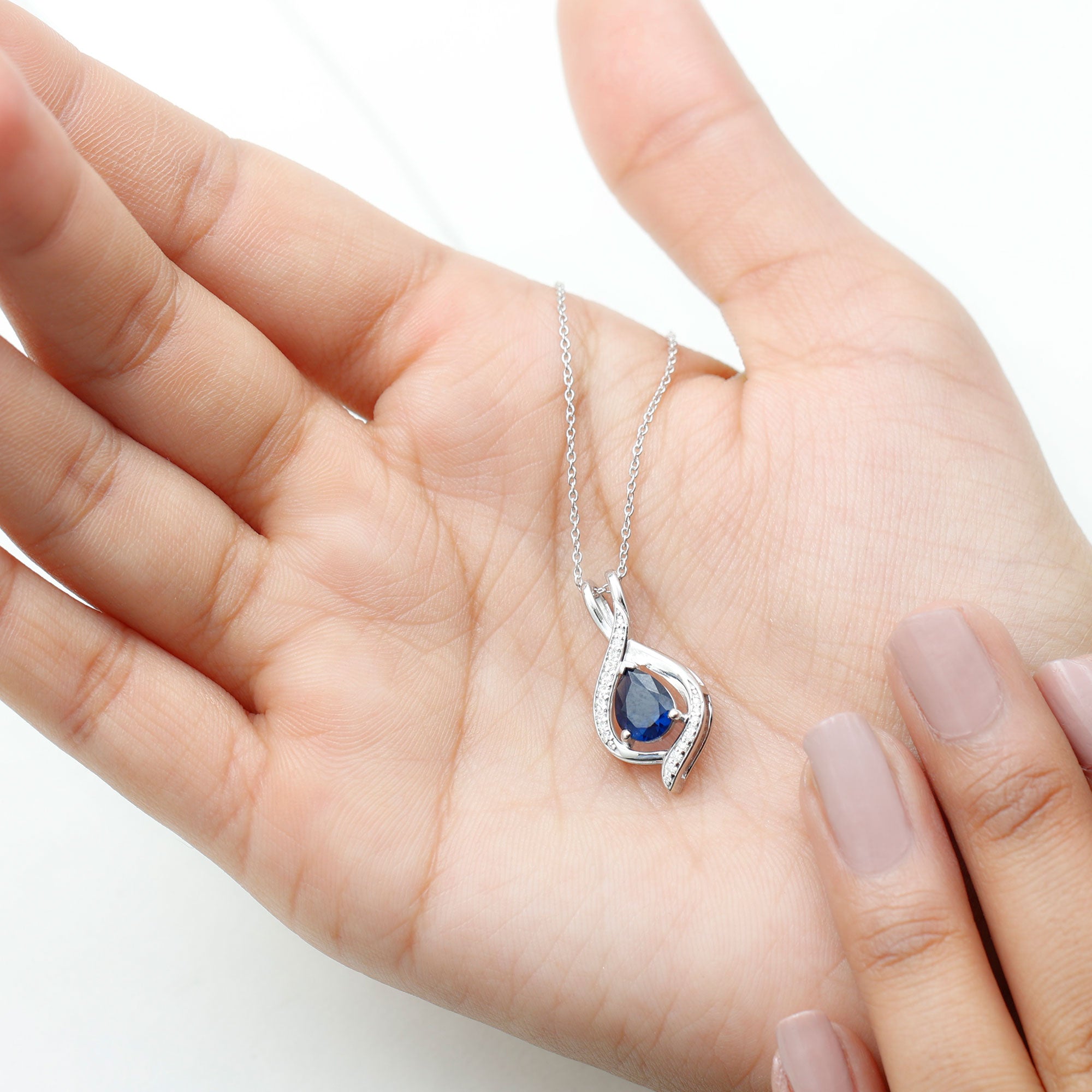 Minimal Created Blue Sapphire Silver Teardrop Pendant with Moissanite - Rosec Jewels