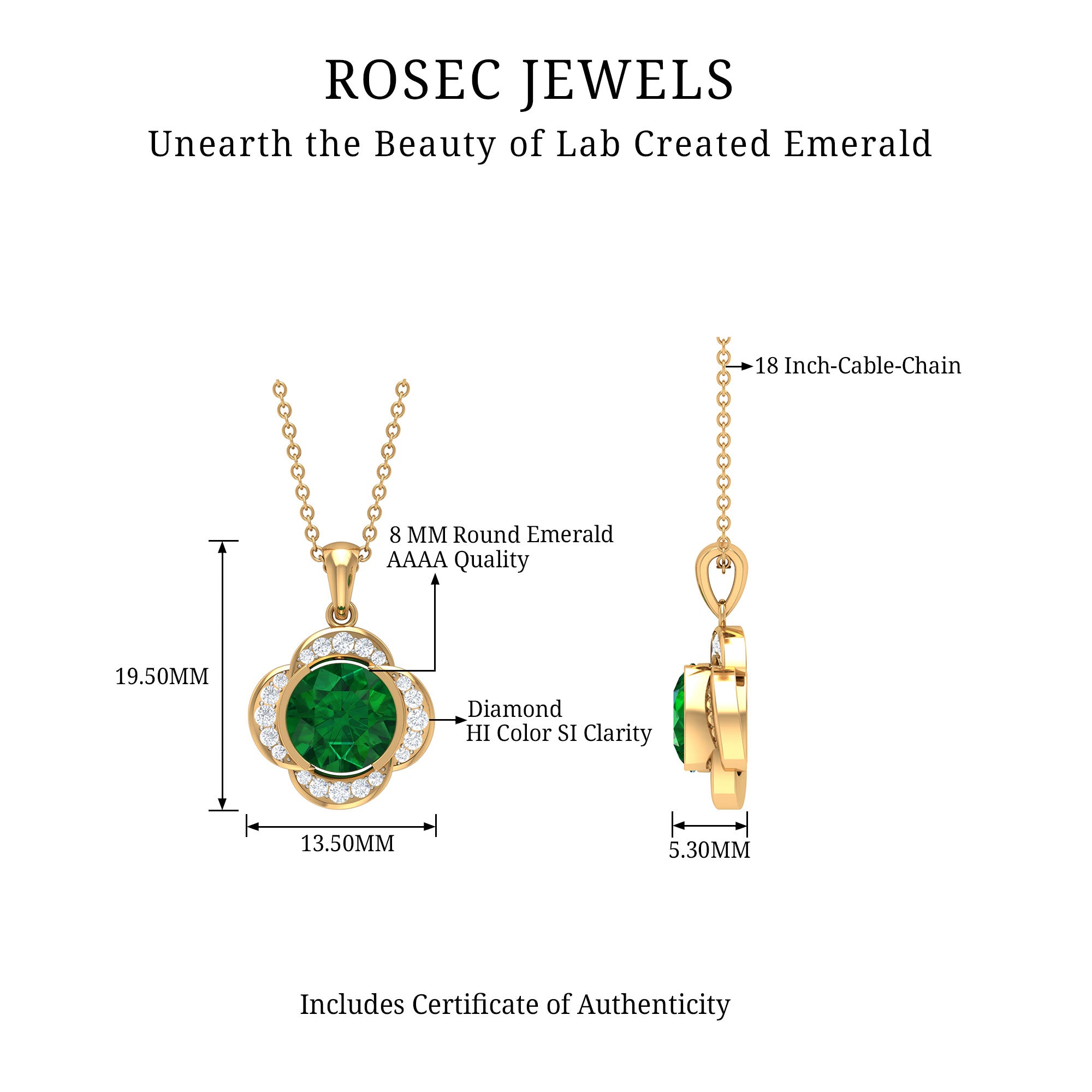 Lab Grown Emerald Flower Inspired Pendant Necklace With Diamond Lab Created Emerald - ( AAAA ) - Quality - Rosec Jewels