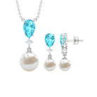 Swiss Blue Topaz and Diamond Jewelry Set with Freshwater Pearl Drop Freshwater Pearl - ( AAA ) - Quality - Rosec Jewels