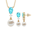 Swiss Blue Topaz and Diamond Jewelry Set with Freshwater Pearl Drop Freshwater Pearl - ( AAA ) - Quality - Rosec Jewels