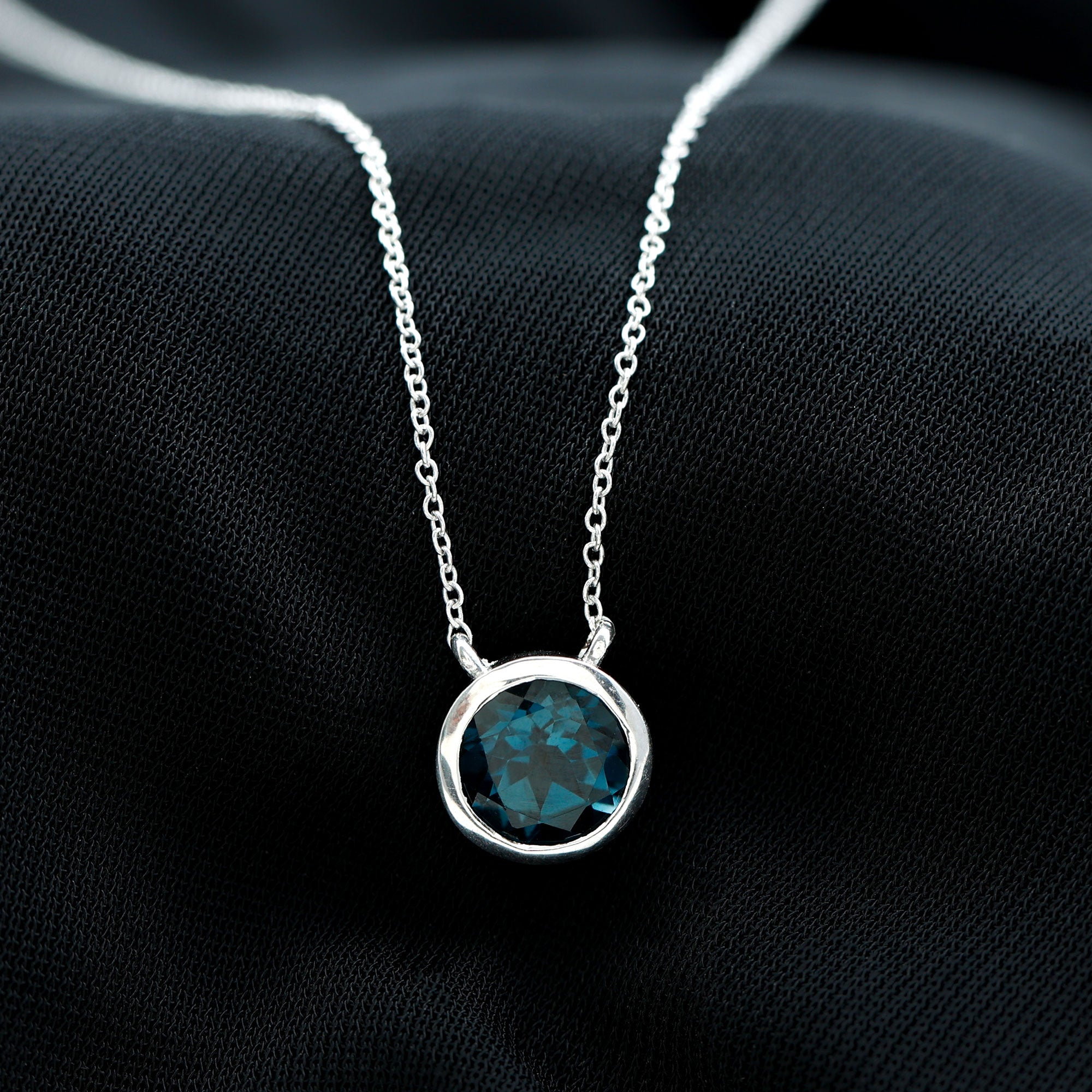 8 MM Solitaire London Blue Topaz Necklace in Bezel Setting London Blue Topaz - ( AAA ) - Quality - Rosec Jewels