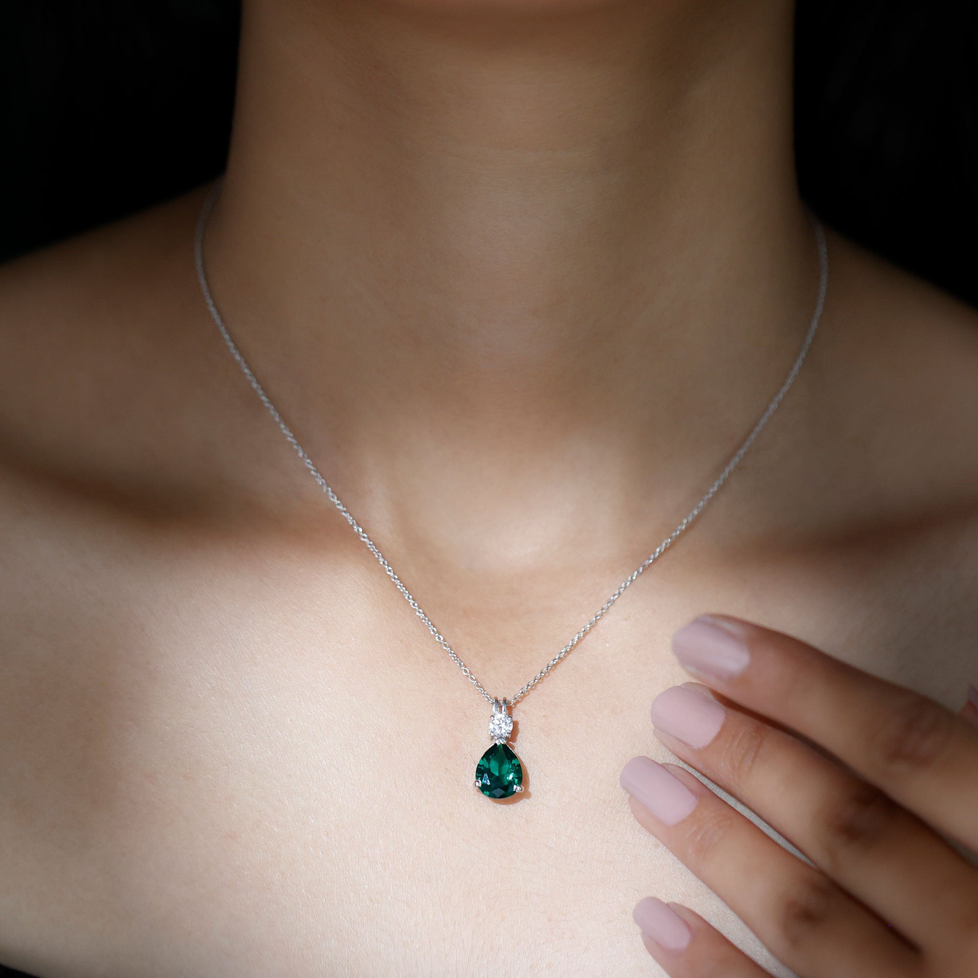 Created Emerald and Zircon Modern Teardrop Pendant in Silver - Rosec Jewels