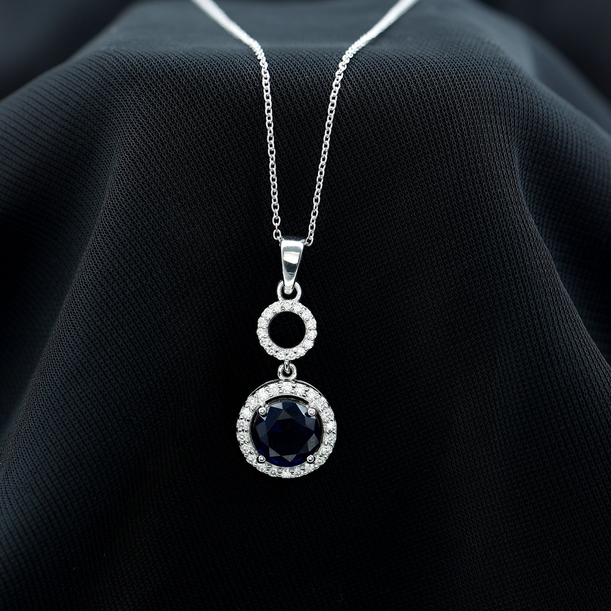 Lab-Created Blue Sapphire Halo Silver Dangle Pendant with Moissanite - Rosec Jewels