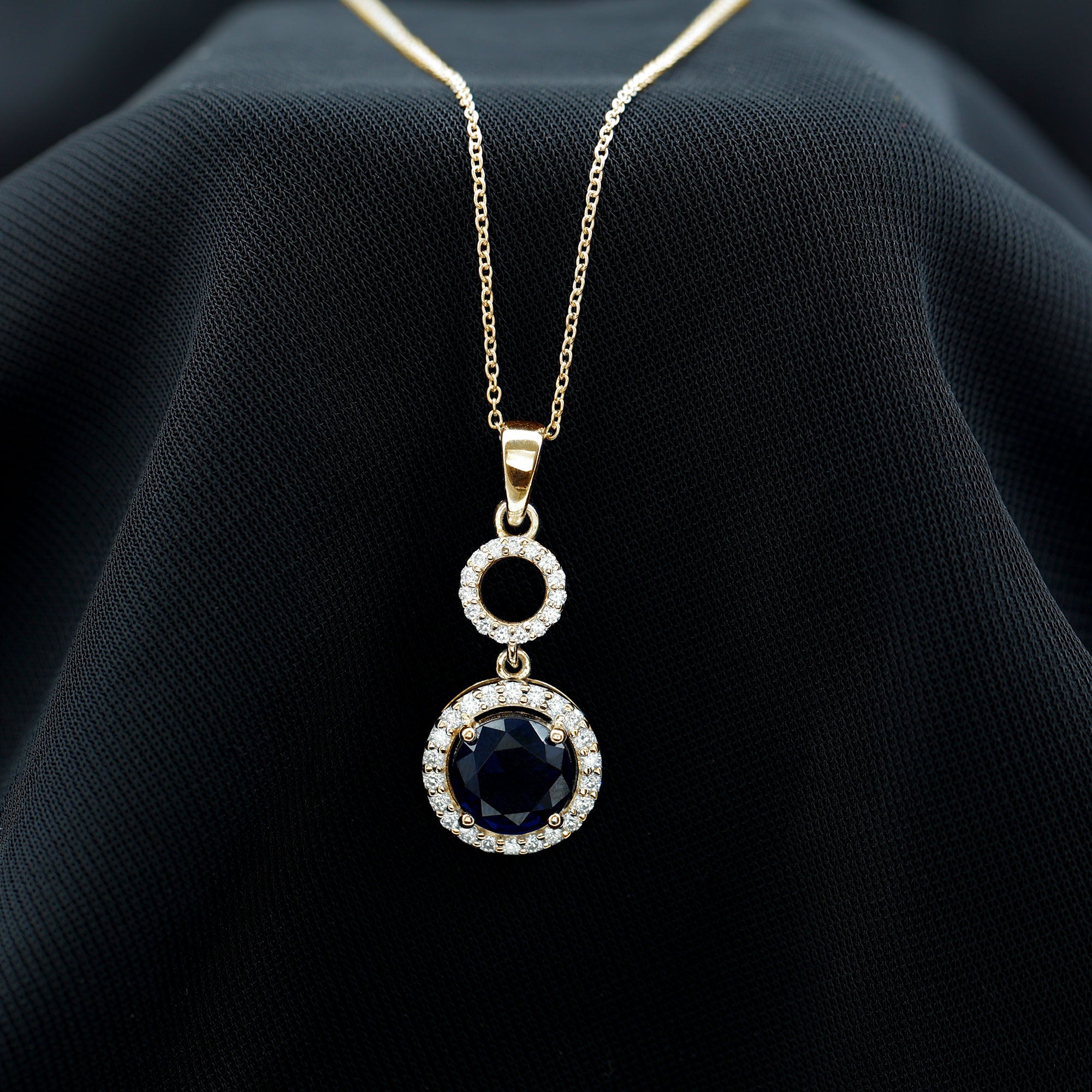 Lab-Created Blue Sapphire Halo Dangle Pendant with Moissanite Lab Created Blue Sapphire - ( AAAA ) - Quality - Rosec Jewels