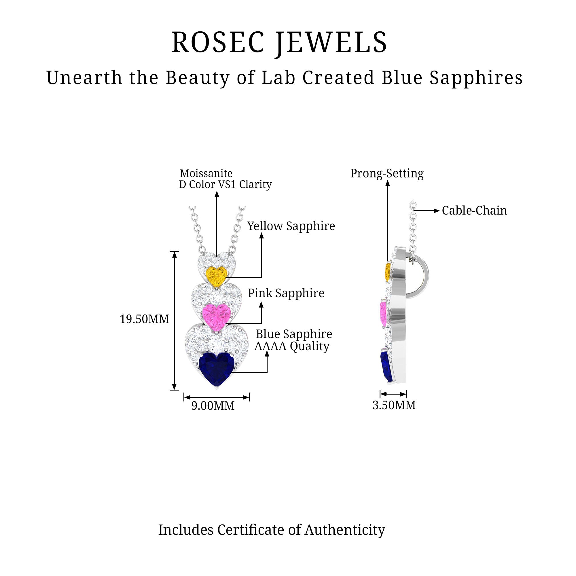 Lab Created Multi Sapphire Silver Heart Dangle Pendant with Moissanite - Rosec Jewels