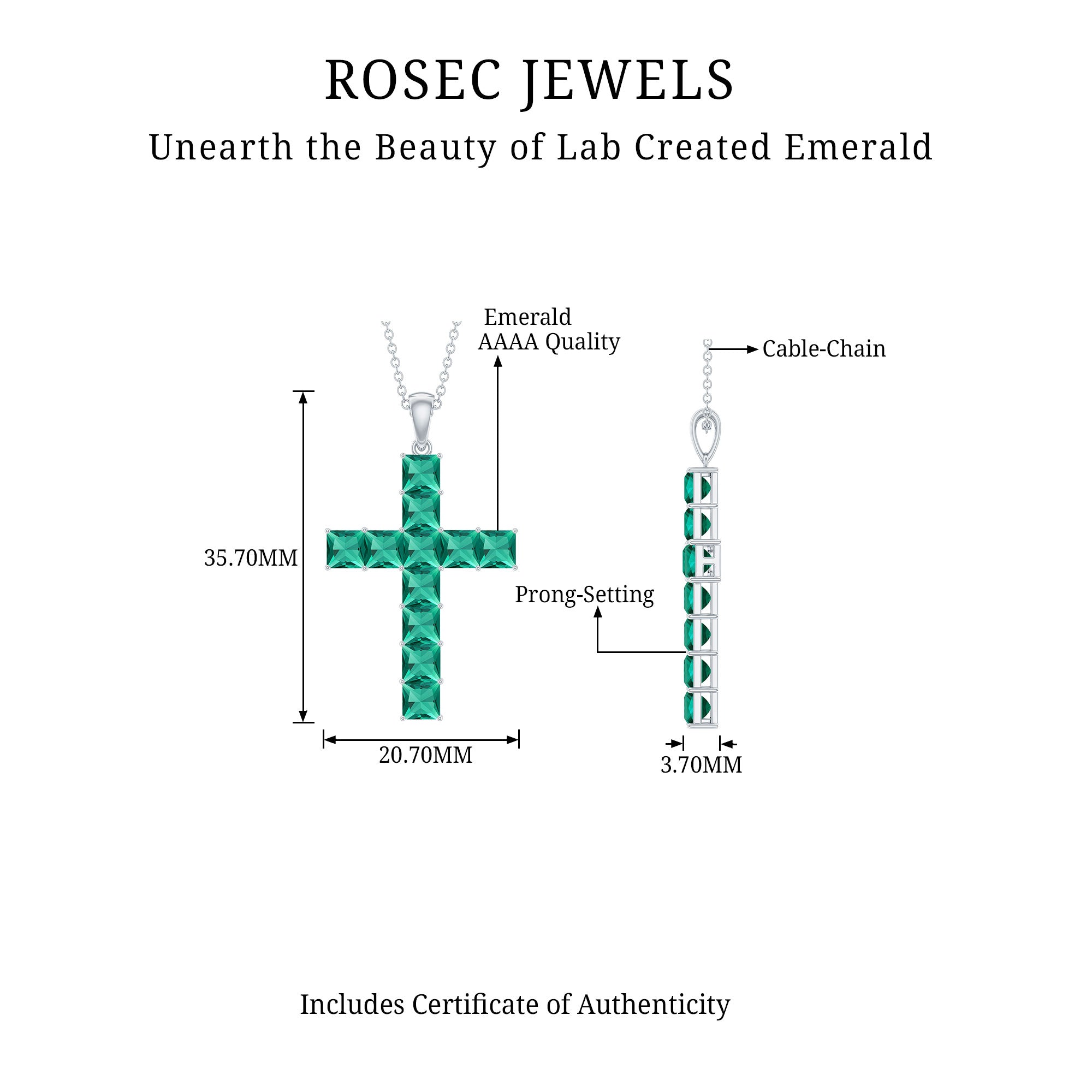 3.5 CT Lab Created Emerald Cross Pendant Necklace in Silver - Rosec Jewels