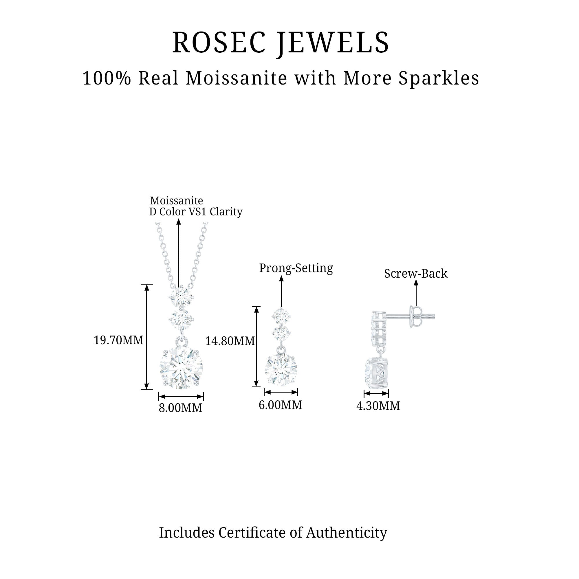 5.25 CT Moissanite 3 Stone Silver Dangle Earring and Necklace Set - Rosec Jewels