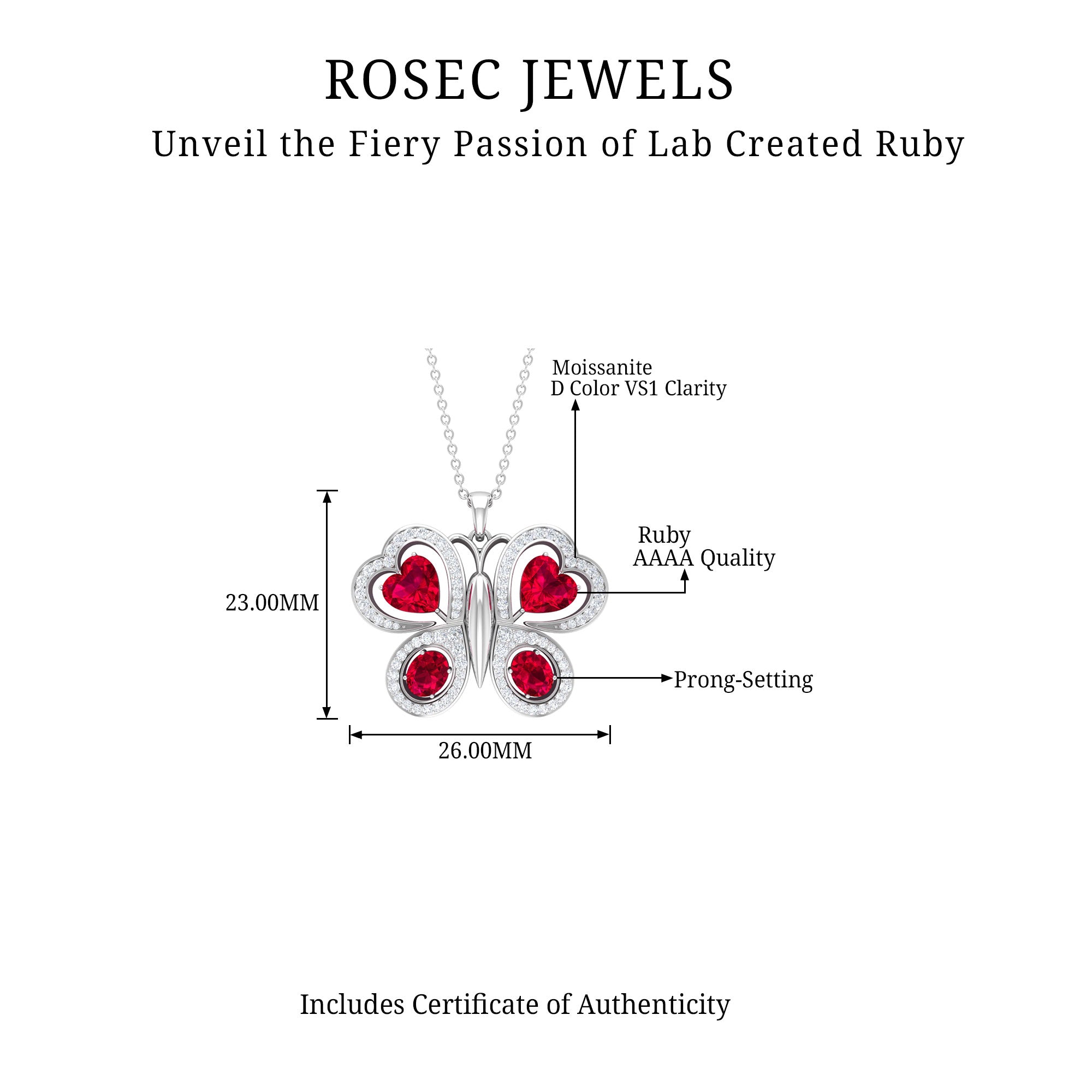 Certified Created Ruby Butterfly Pendant Necklace with Moissanite Lab Created Ruby - ( AAAA ) - Quality - Rosec Jewels