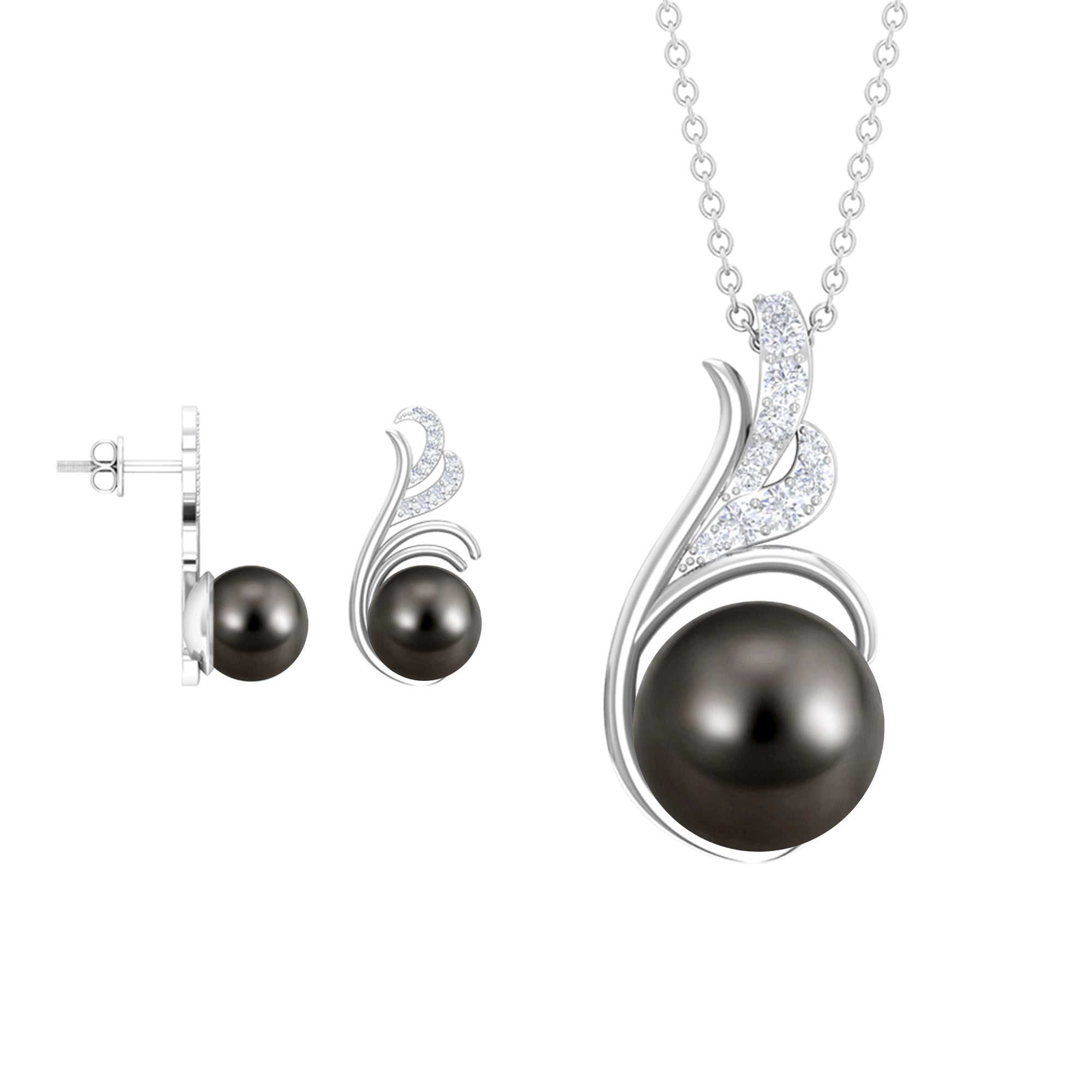 Designer Silver Jewelry Set with Tahitian Pearl and Moissanite - Rosec Jewels